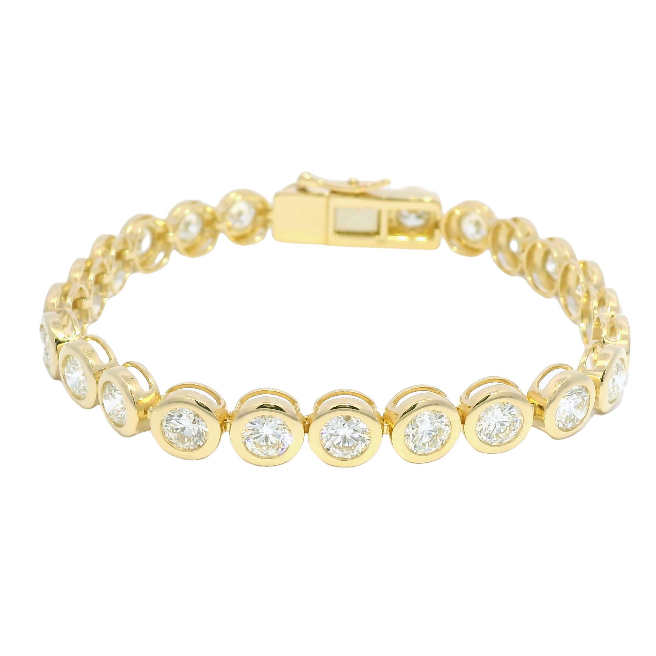 18k Yellow Gold Natural 10.3 Carat Bezel Set Diamond Tennis Bracelet

This exquisite 10.30-carat bezel set diamond bracelet features intricate 18-karat yellow gold craftsmanship. The diamonds are set with precision, offering a brilliant sparkle.