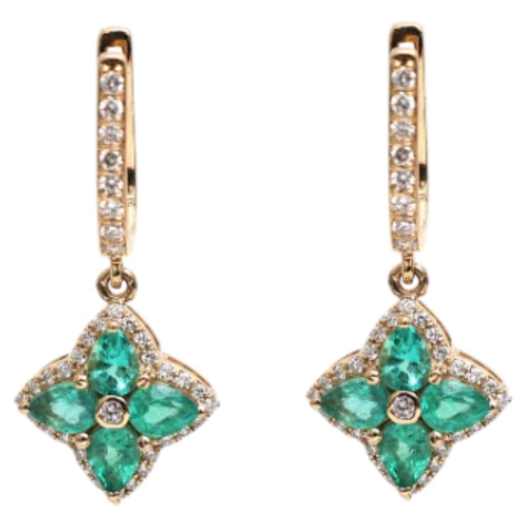Orecchini a bottone in oro giallo 14 carati con smeraldi e diamanti, 1,03 ct