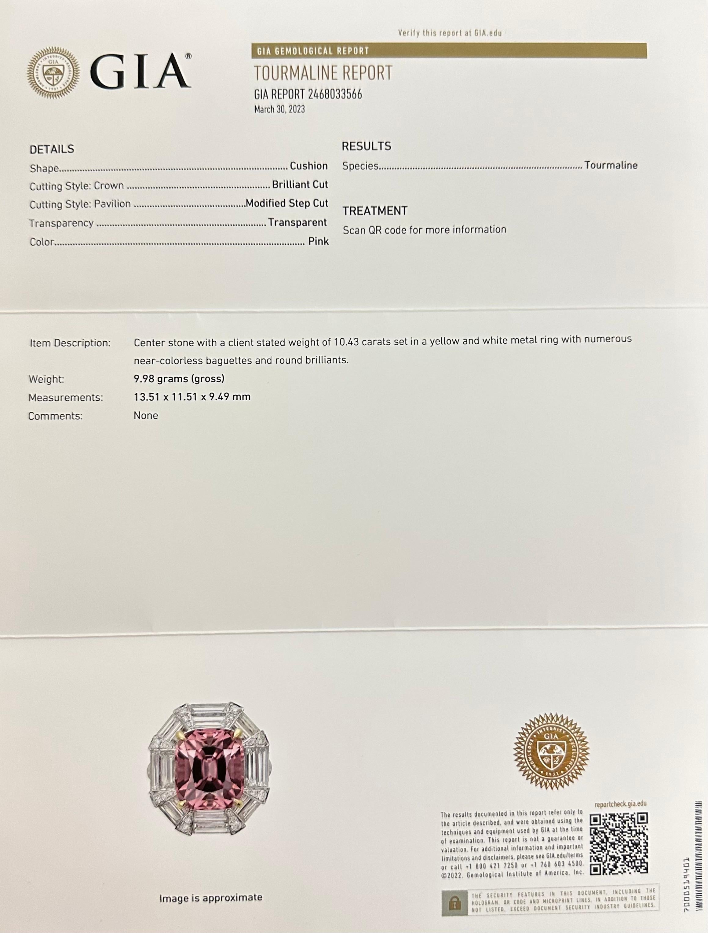GIA Certified 10.43 Carat Pink Tourmaline & Diamond Ring, Huge Statement Piece For Sale 13