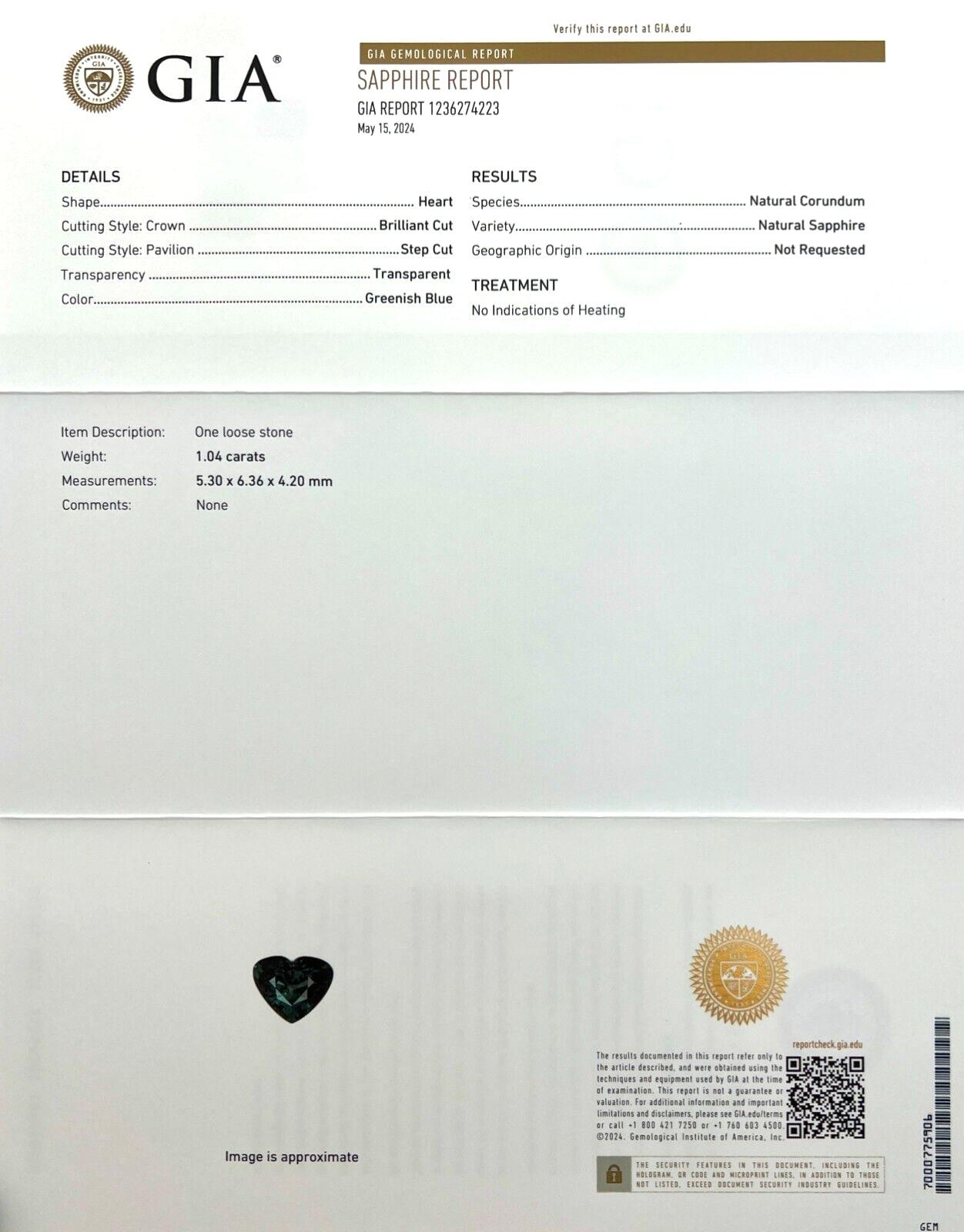 Nature 1.04ct Sapphire Untreated Heart Cut Green Blue Gia Certified No Heat Gem Neuf - En vente à Birmingham, GB