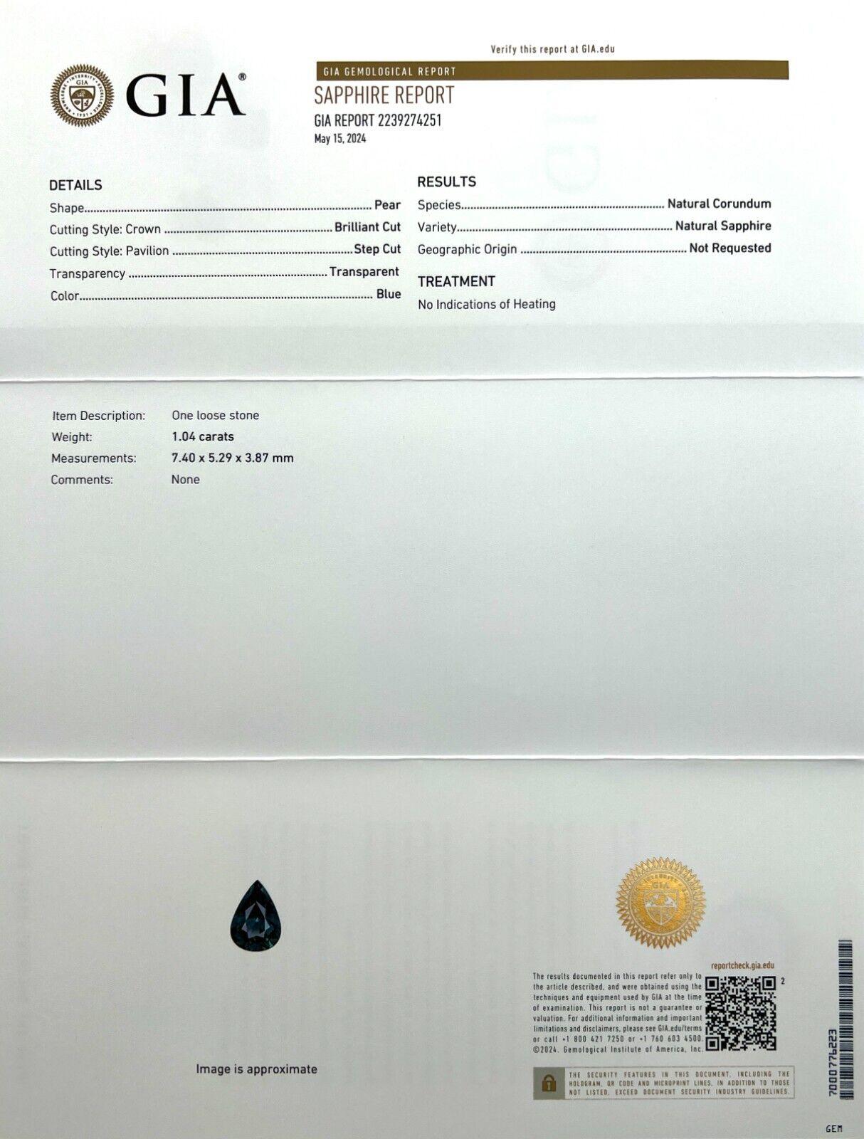 Natural 1.04ct Untreated Deep Blue Sapphire Gia Certified Pear Teardrop Cut Gem

GIA Certified Untreated Deep Blue Pear Teardrop Cut Sapphire Gemstone.
1.04 Carat sapphire with a beautiful deep blue colour and excellent clarity. VVS.
This sapphire