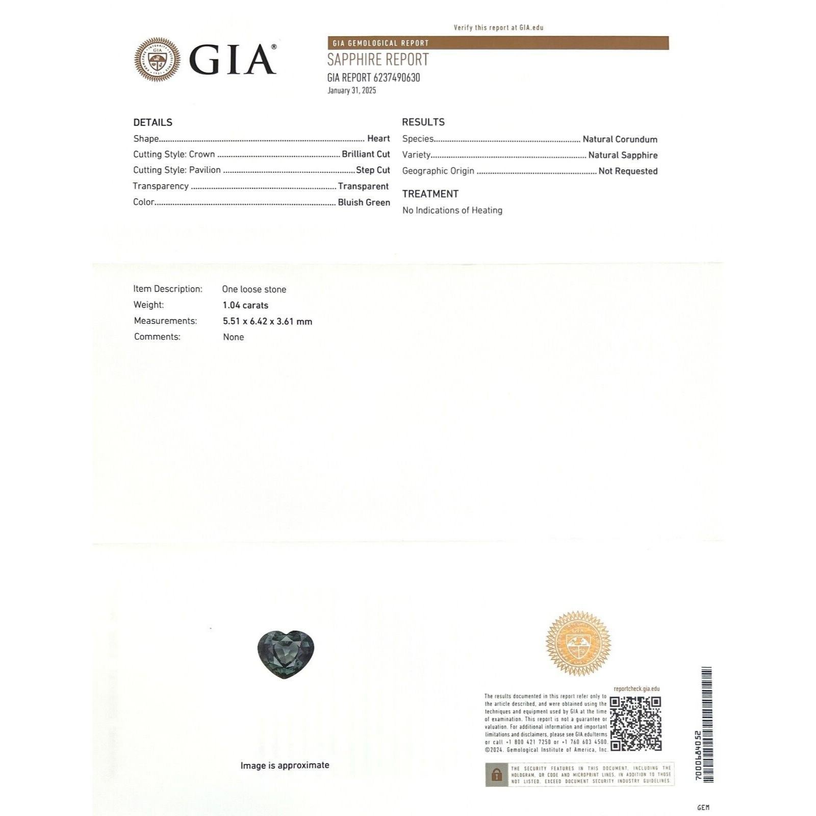 Zafiro azul verde natural sin tratar de 1,04 ct, certificado por la GIA, talla corazón sin calentar

Gema de zafiro verde azul talla corazón sin tratar certificada por GIA.
1.04 quilates de zafiro azul verde único sin calentar. Totalmente sin tratar