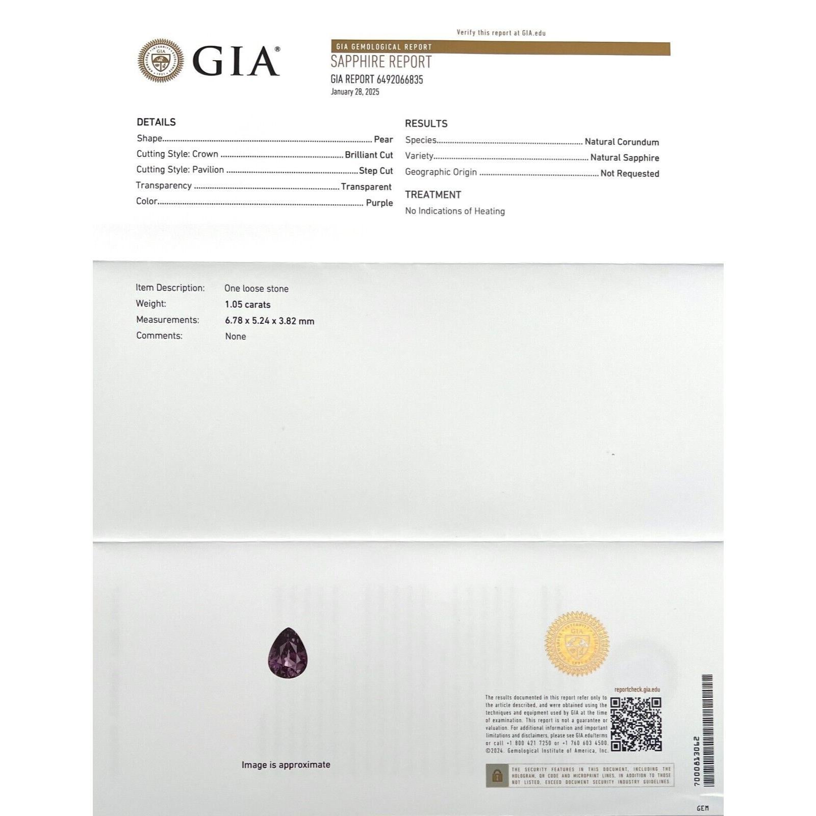 Nature 1.05ct viola intenso certificato GIA non trattato Zaffiro taglio pera 6.7x5.2mm

Gemma di zaffiro viola naturale non trattata certificata GIA.
1,05 Carati con un colore viola intenso e un'eccellente purezza, una pietra molto pulita.