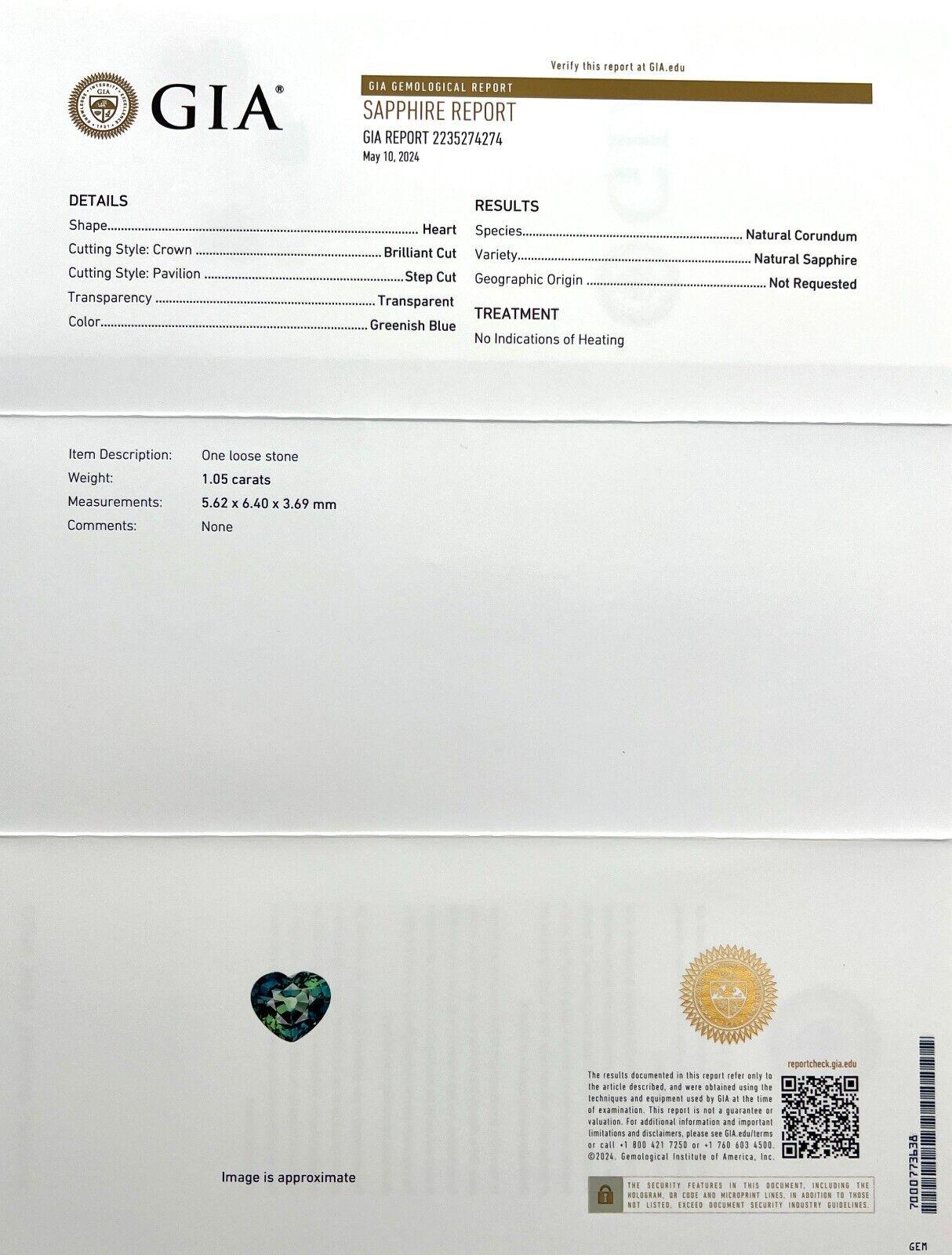 Natural 1.05ct Untreated Green Blue Sapphire Gia Certified Unheated Heart Cut If In New Condition For Sale In Birmingham, GB
