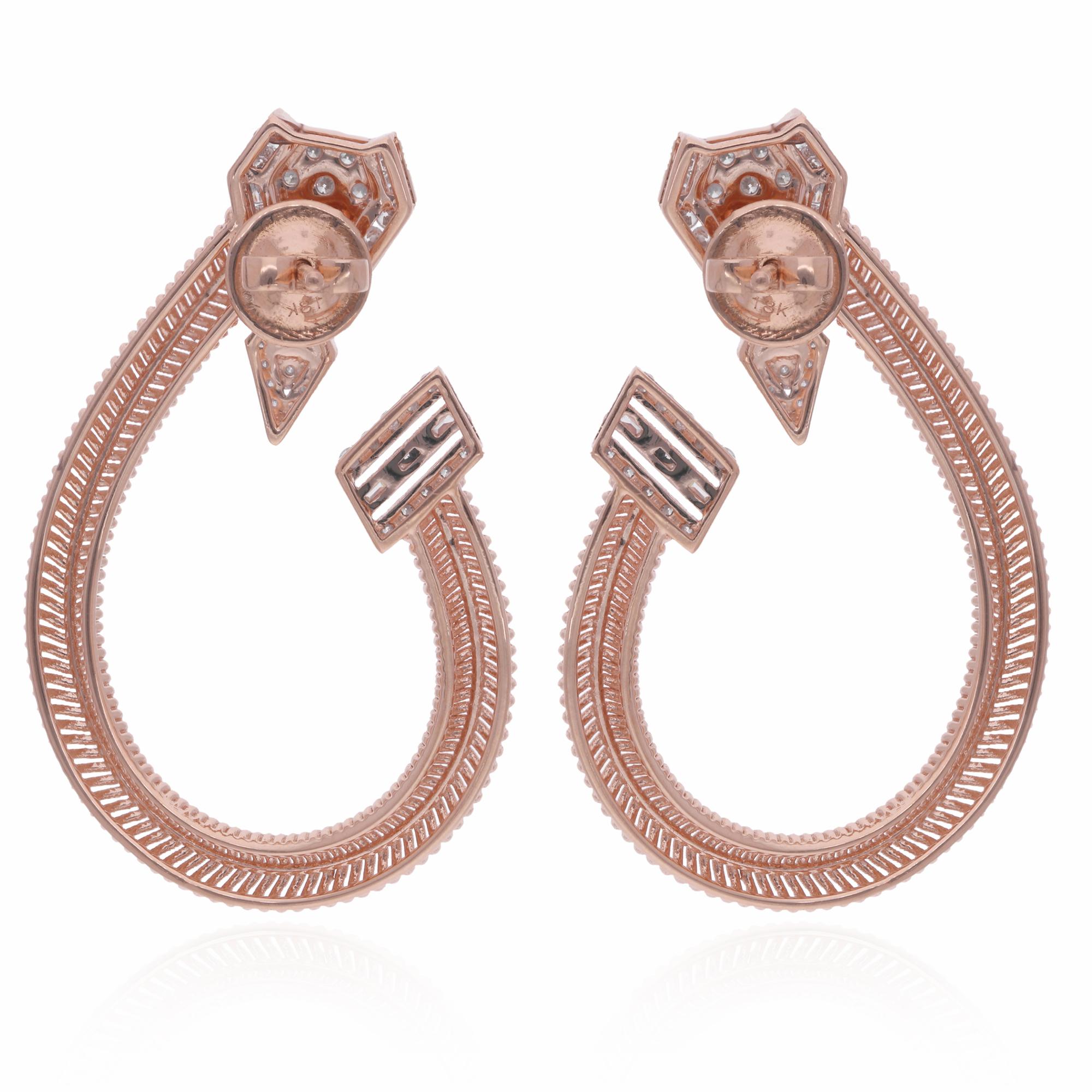 Women's Natural 1.07 Carat Baguette & Round Diamond Hoop Earrings 14 Karat Rose Gold For Sale