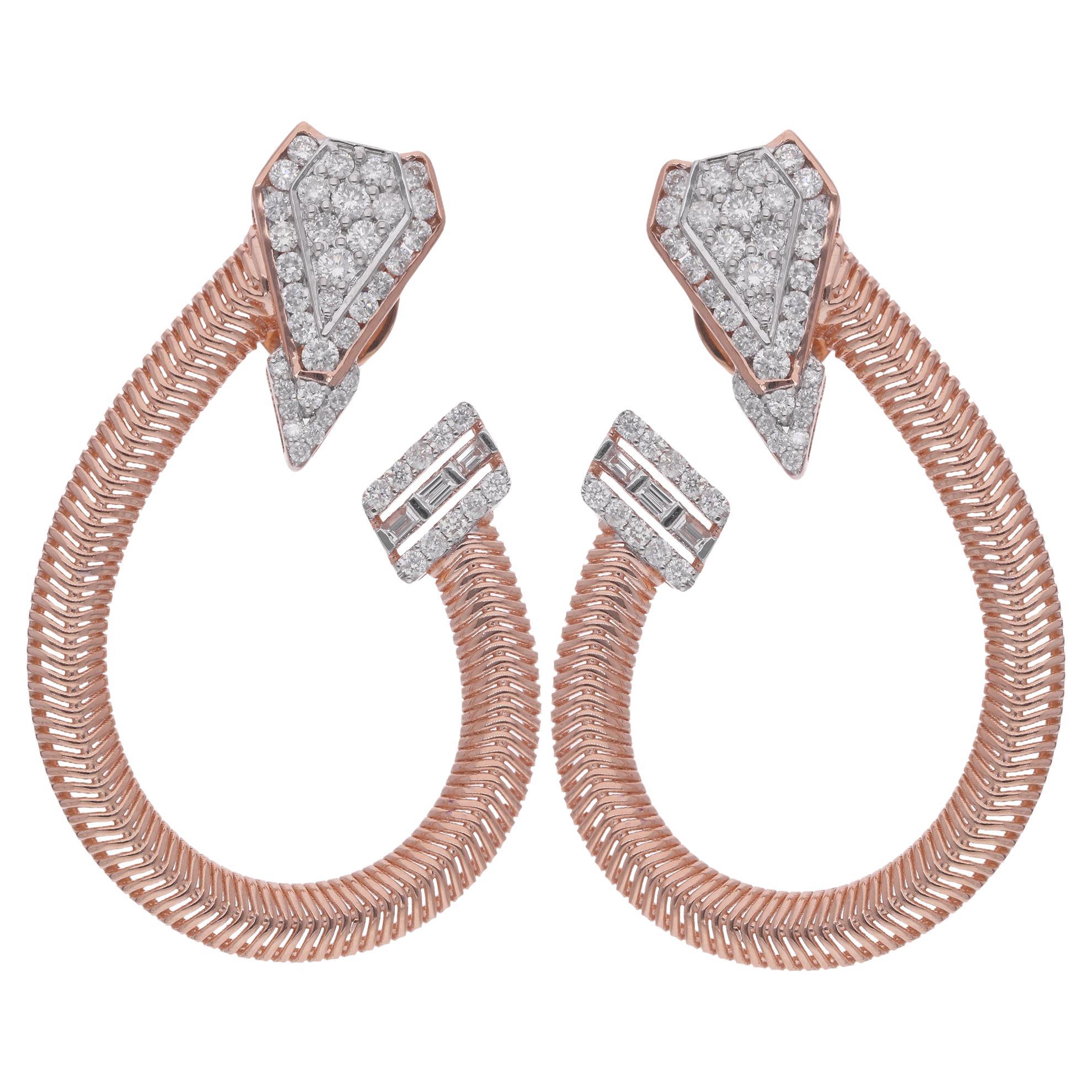 Natural 1.07 Carat Baguette & Round Diamond Hoop Earrings 14 Karat Rose Gold For Sale