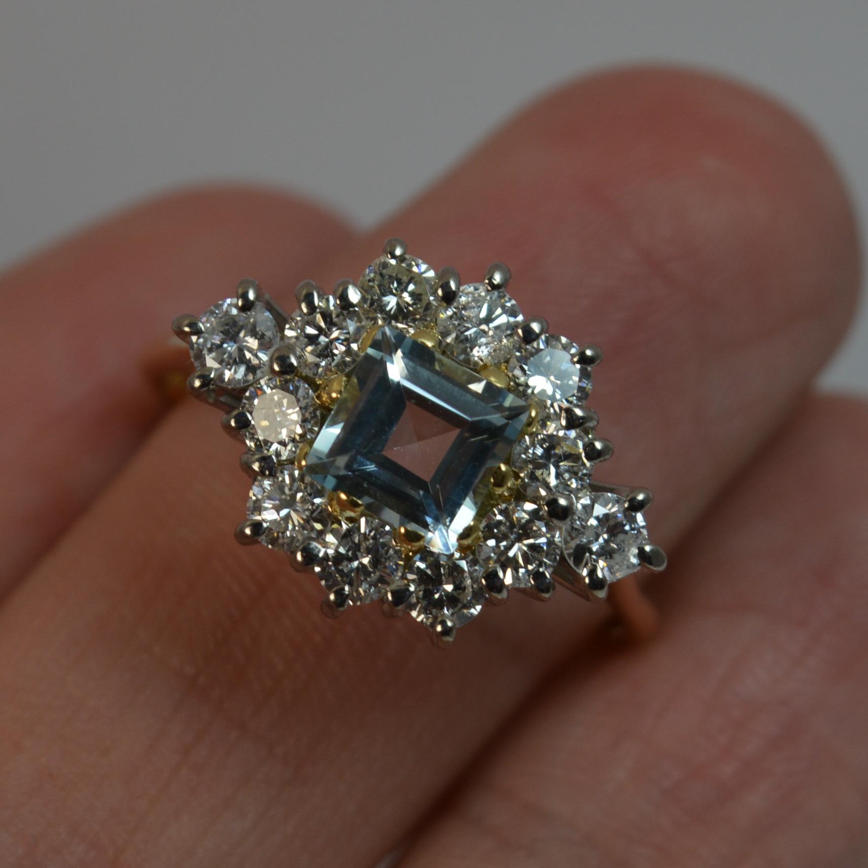 Princess Cut Natural 1.07 Carat Diamond and Aquamarine 18 Carat Gold Cluster Ring