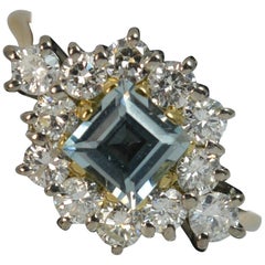 Natural 1.07 Carat Diamond and Aquamarine 18 Carat Gold Cluster Ring