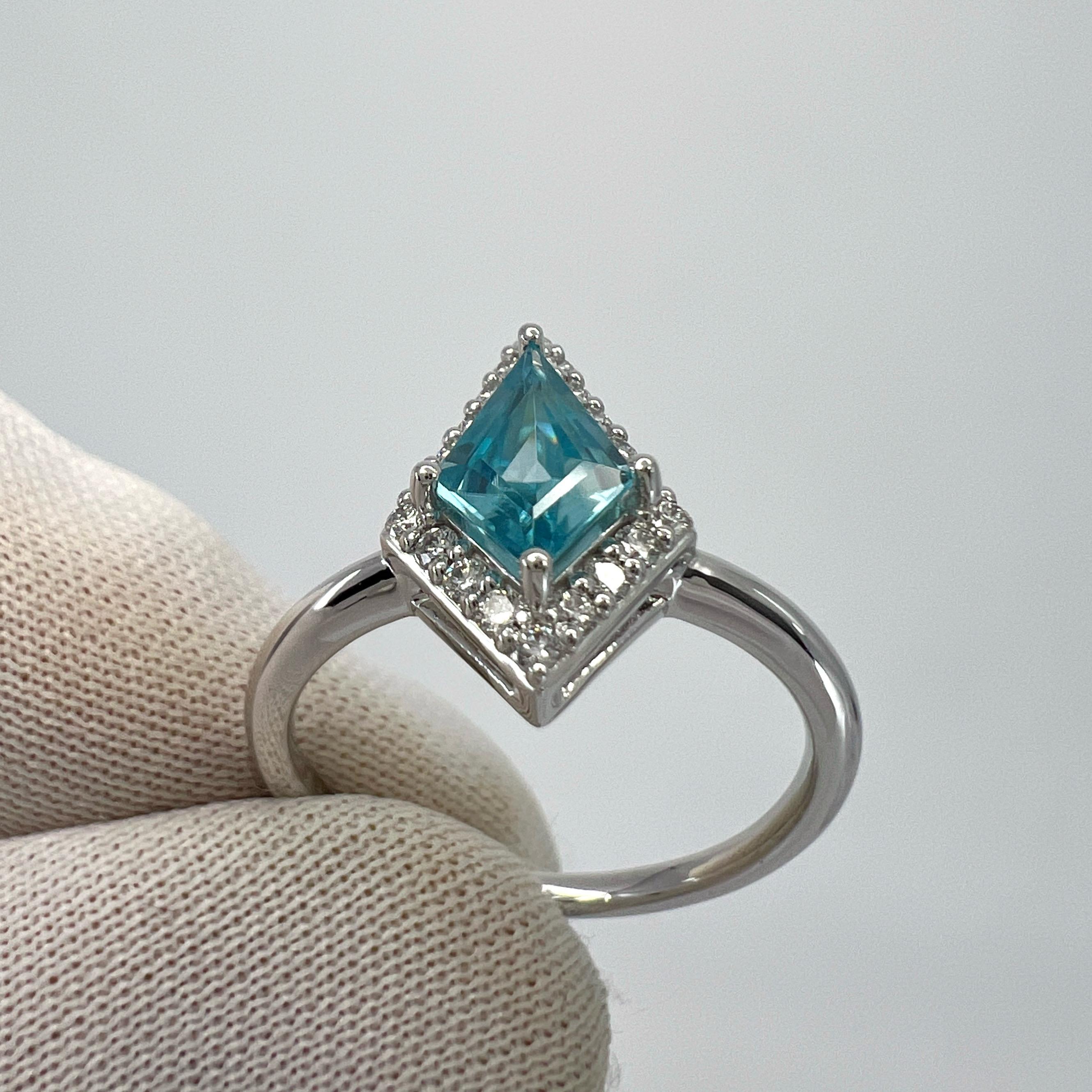 Natural 1.07ct Fancy Kite Vivid Blue Zircon & Diamond 18k White Gold Halo Ring For Sale 6