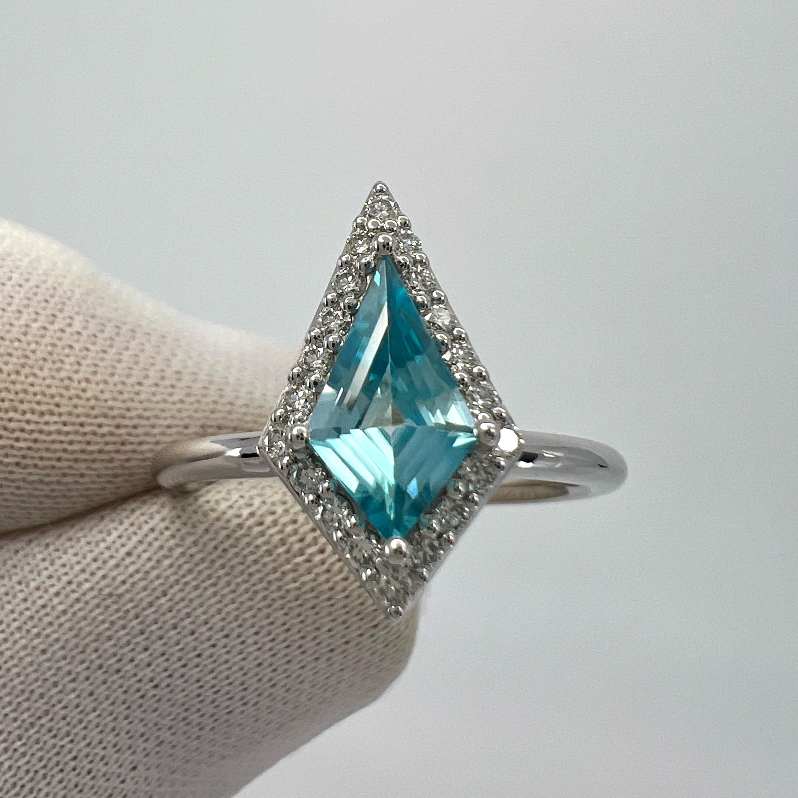 Natural 1.07ct Fancy Kite Vivid Blue Zircon & Diamond 18k White Gold Halo Ring For Sale 7