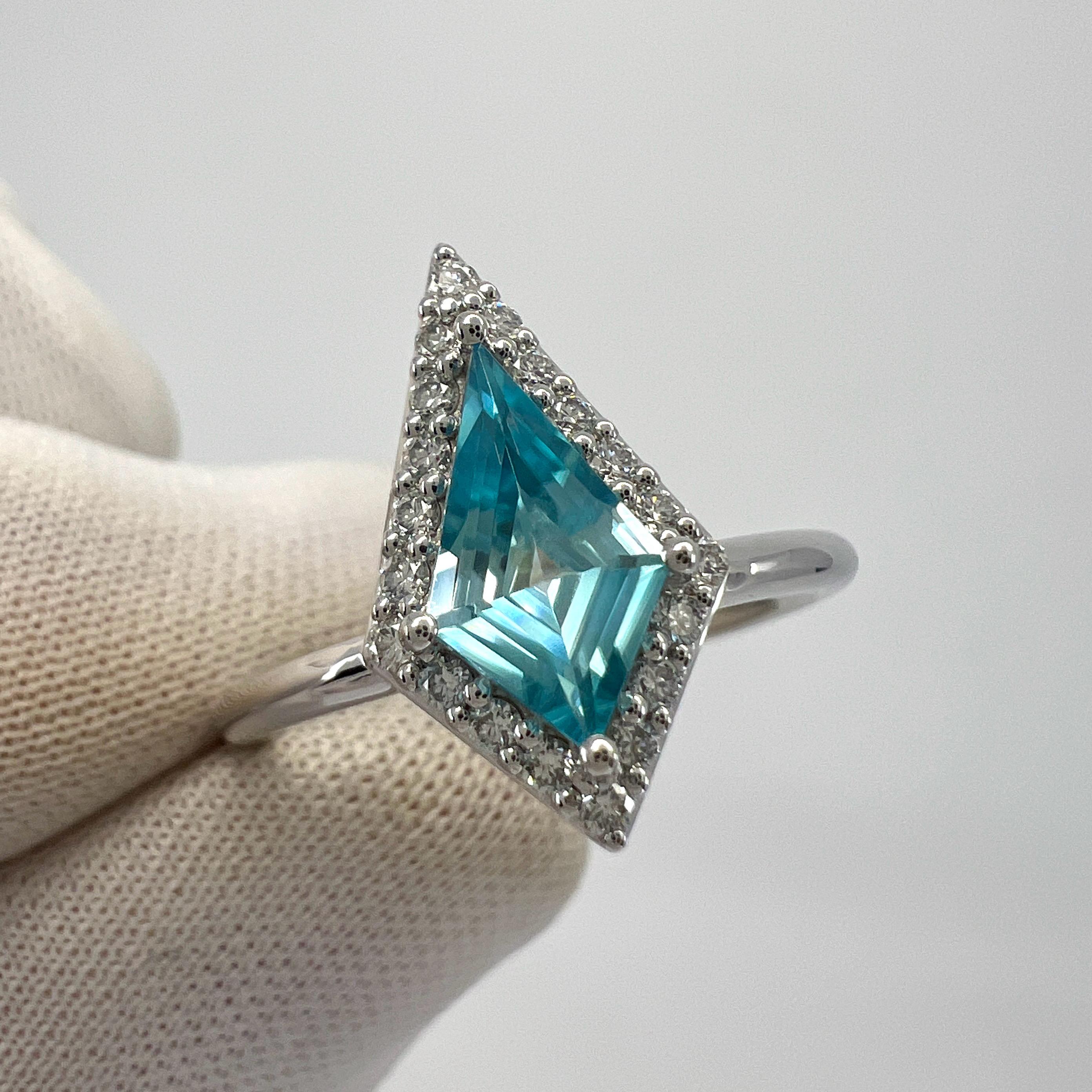 Natural 1.07ct Fancy Kite Vivid Blue Zircon & Diamond 18k White Gold Halo Ring For Sale 1