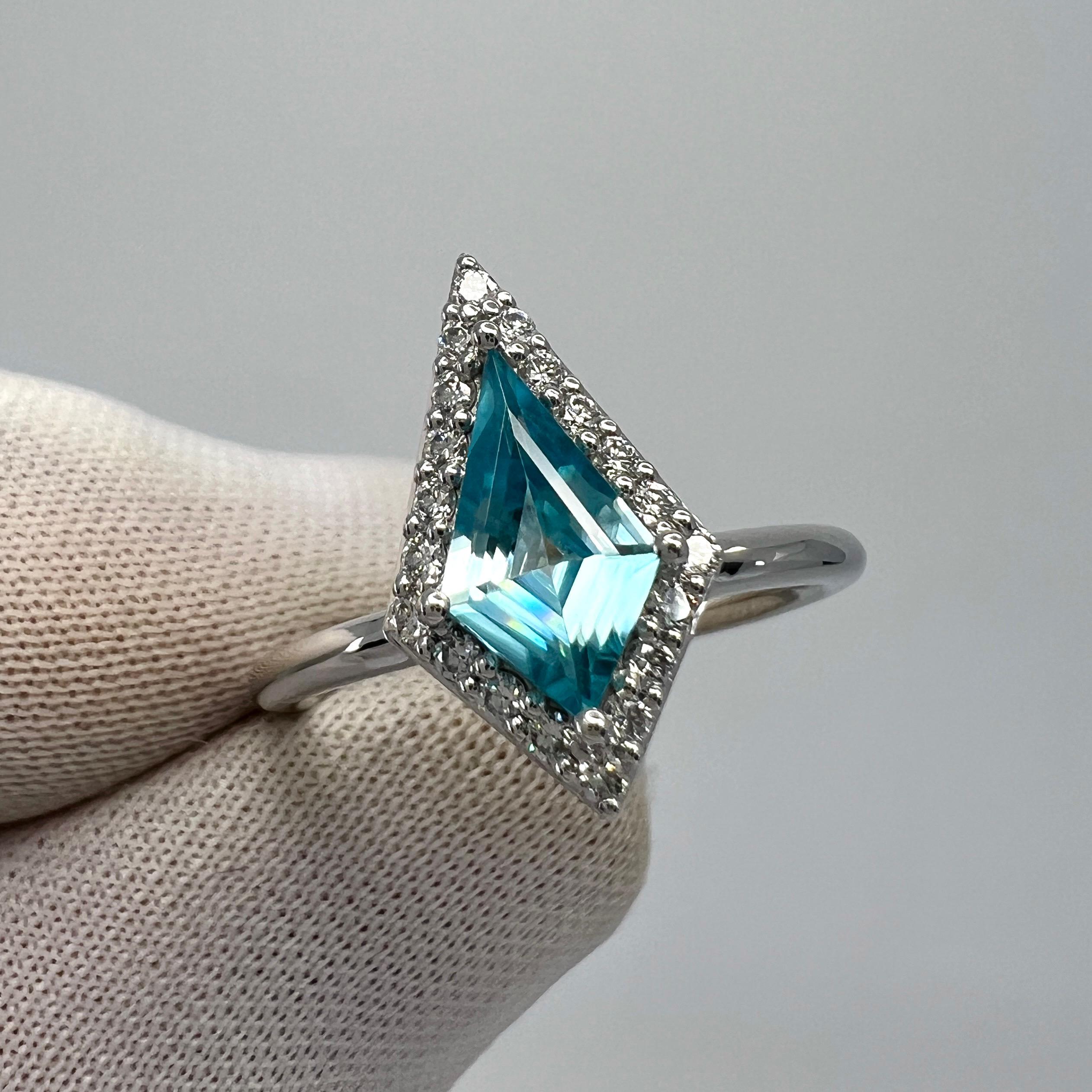 Natural 1.07ct Fancy Kite Vivid Blue Zircon & Diamond 18k White Gold Halo Ring For Sale 2