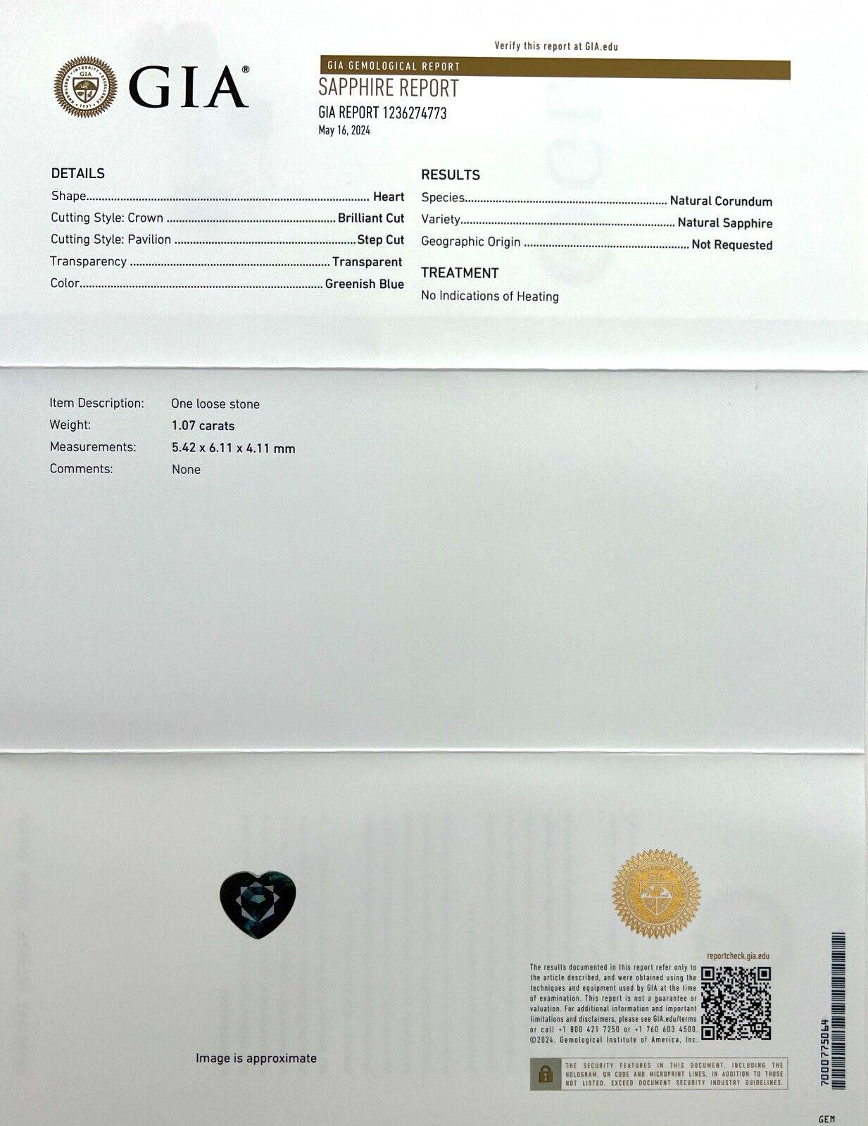 Natural 1.07ct Untreated Deep Green Blue Sapphire Gia Certified Heart Cut Gem

GIA Certified Untreated Deep Green Blue Heart Cut Sapphire Gemstone.
1.07 Carat unheated unique deep green blue sapphire. Totally untreated and unheated, very rare for