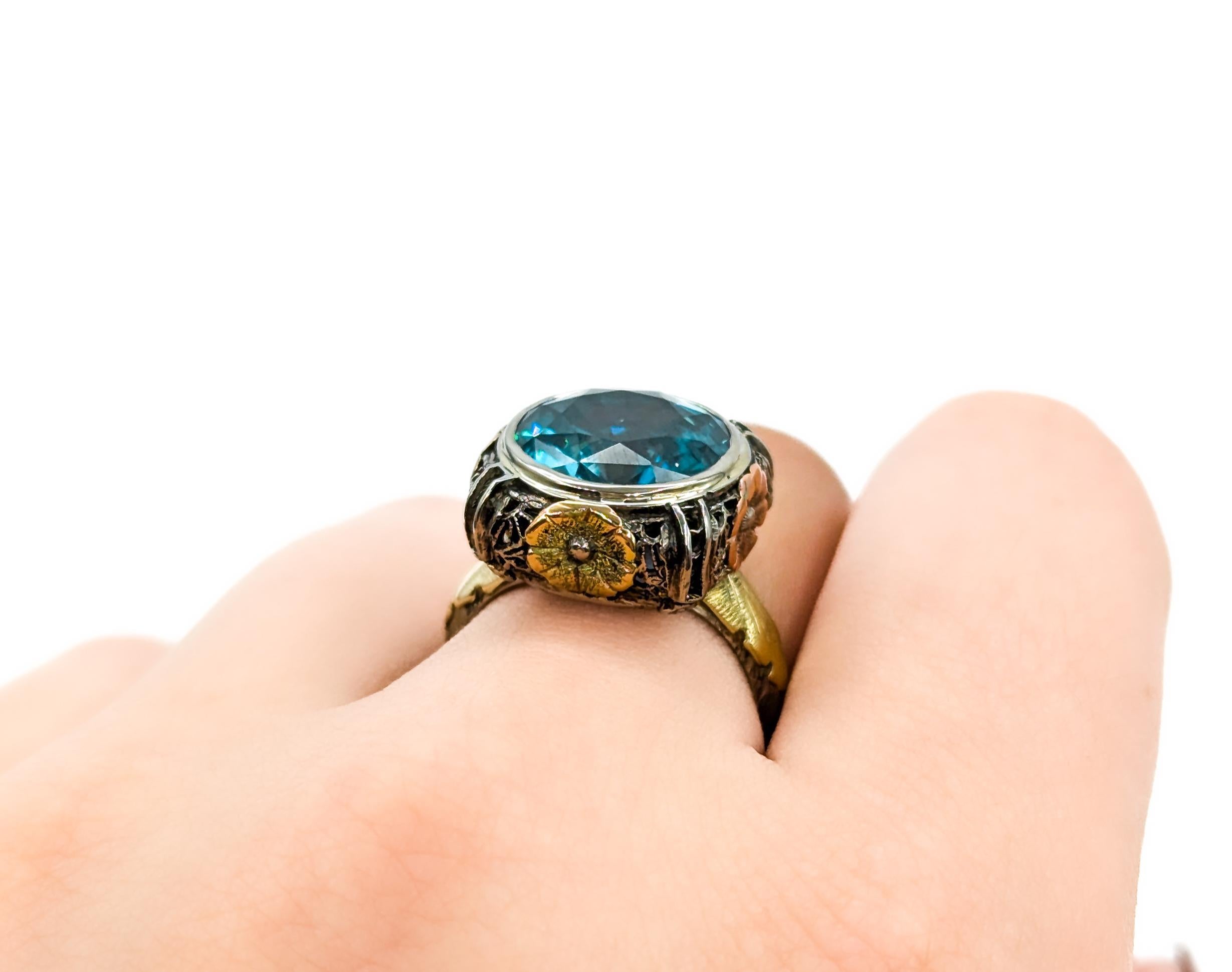 Retro Natural 10.9ct GIA Blue Zircon Mid-Century Ring