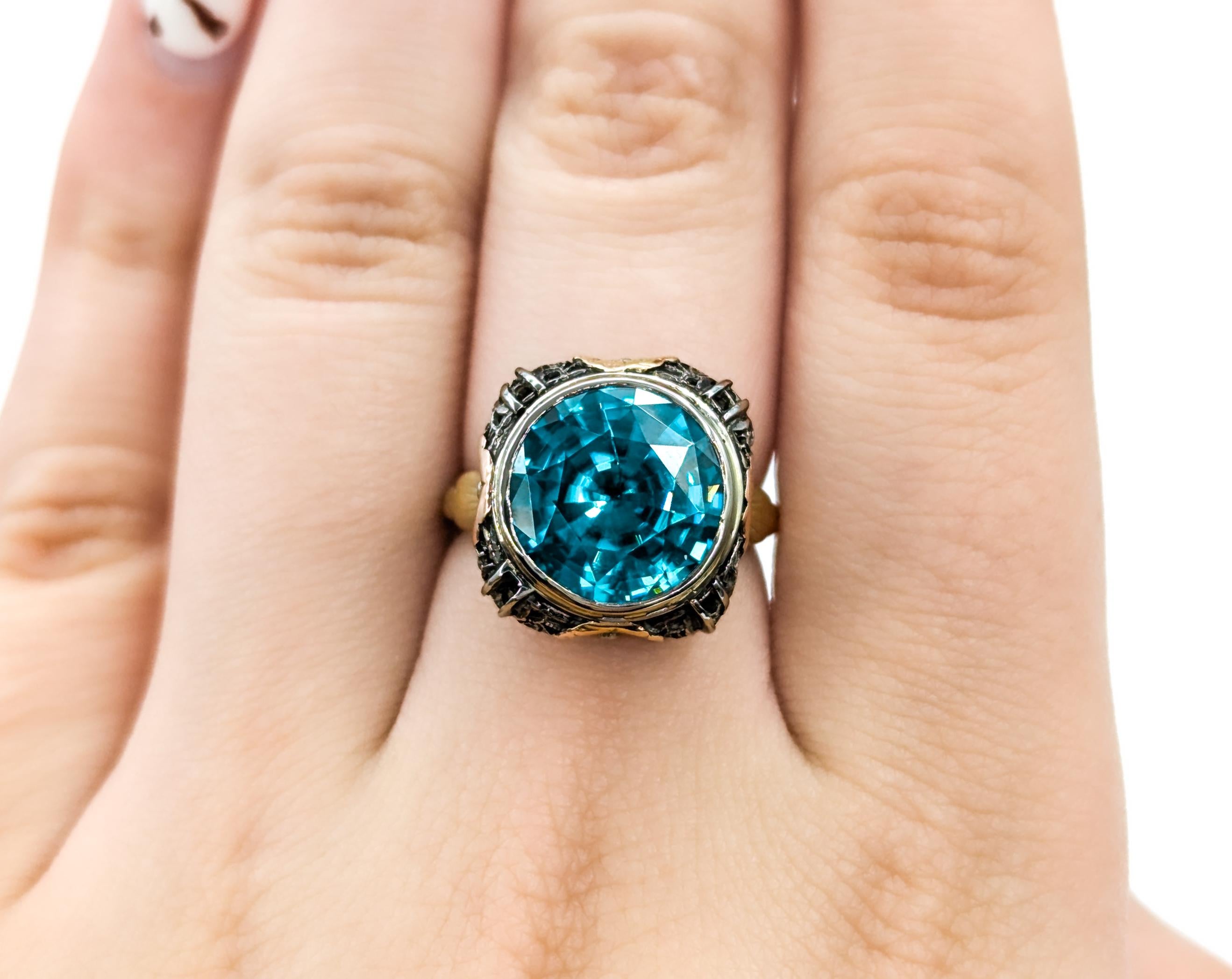 Round Cut Natural 10.9ct GIA Blue Zircon Mid-Century Ring