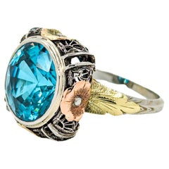 Natural 10.9ct GIA Blue Zircon Mid-Century Ring