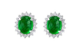 Designer 14K White Gold Emerald and Diamond Halo Stud Earrings, 10ct