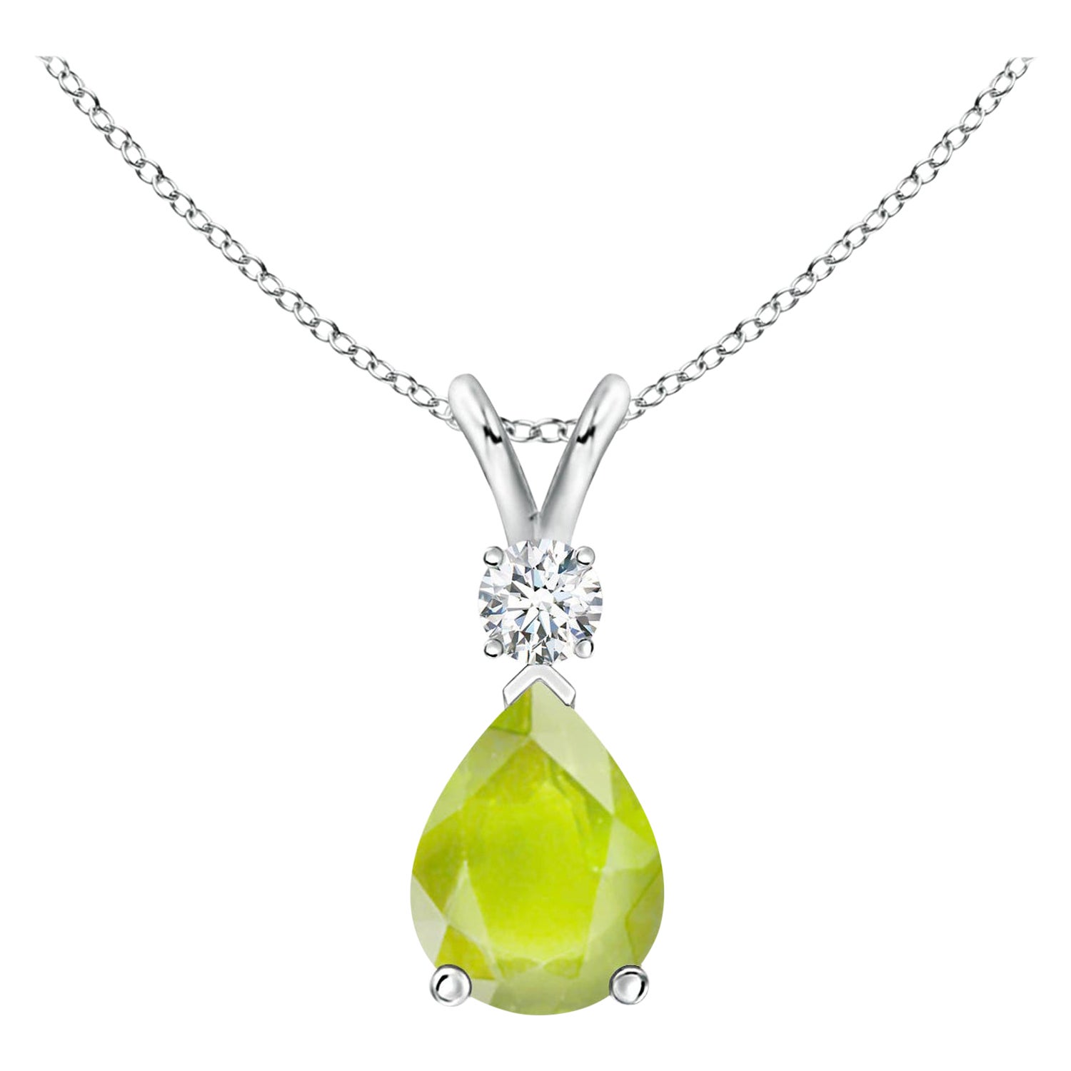Natural 1.1 ct Peridot Teardrop Pendant with Diamond in 14K White Gold