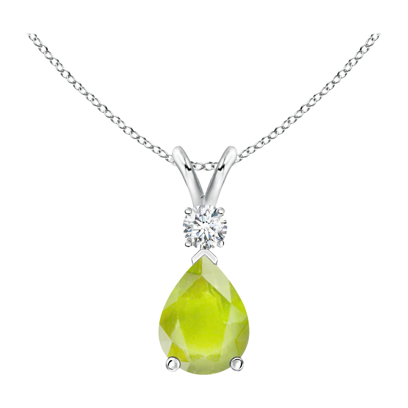 Natural 1.1 ct Peridot Teardrop Pendant with Diamond in Platinum