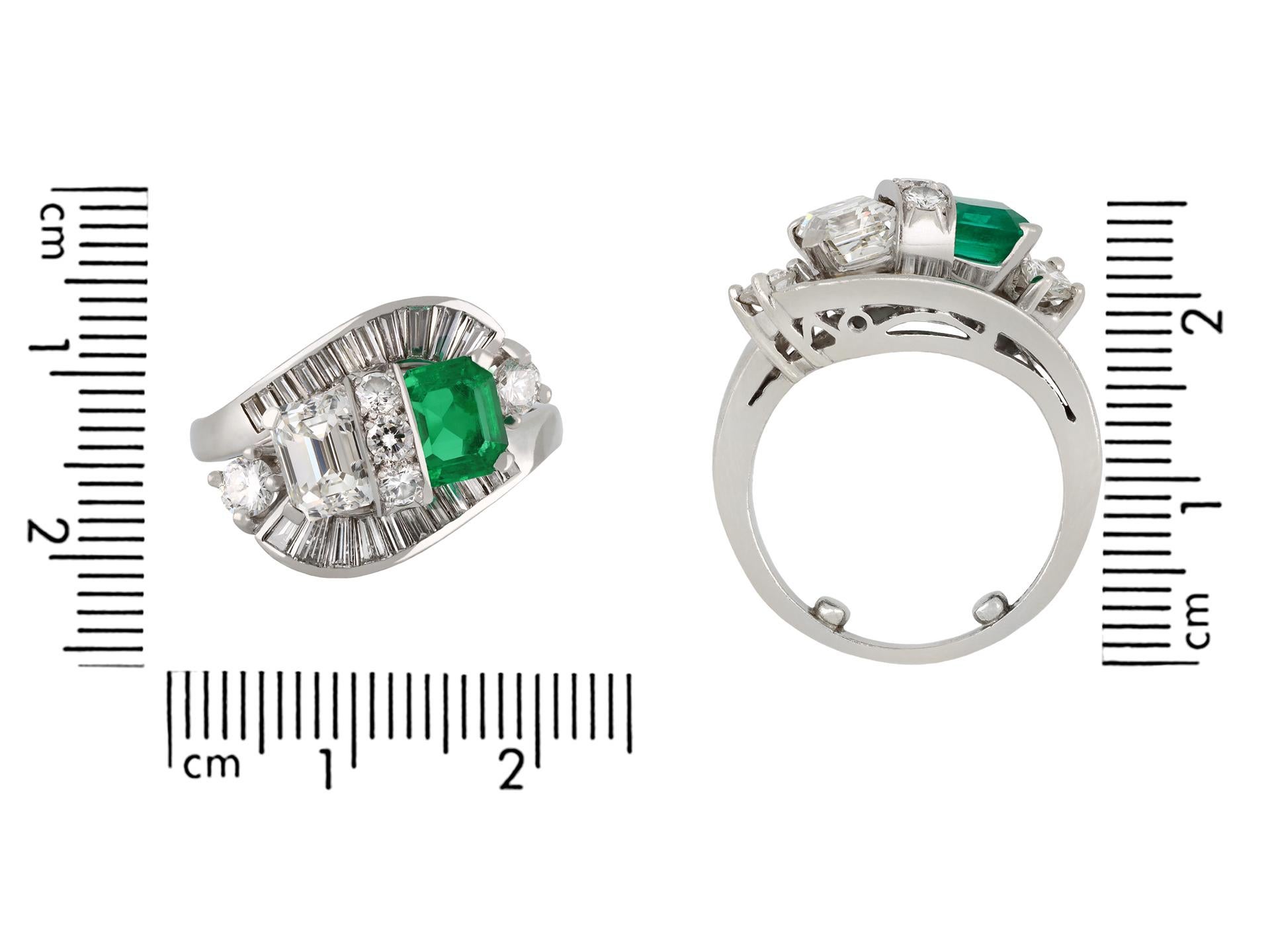 Emerald Cut Natural 1.10 Carat Colombian Emerald Diamond Crossover Ballerina Ring For Sale