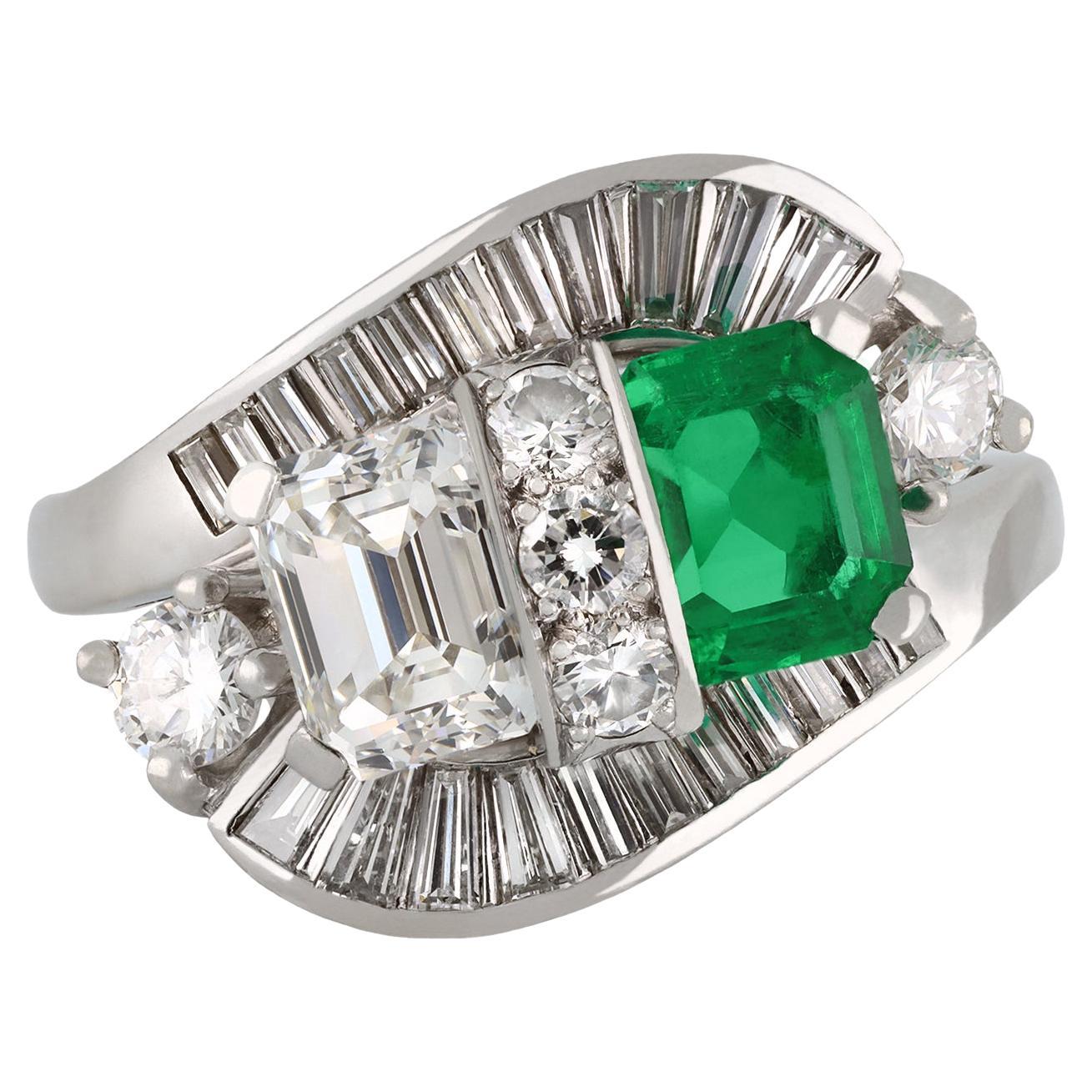Natural 1.10 Carat Colombian Emerald Diamond Crossover Ballerina Ring For Sale