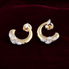 Modern 18K Yellow Gold Crescent Hoop Earrings with Marquise Diamonds 1.10 Carat