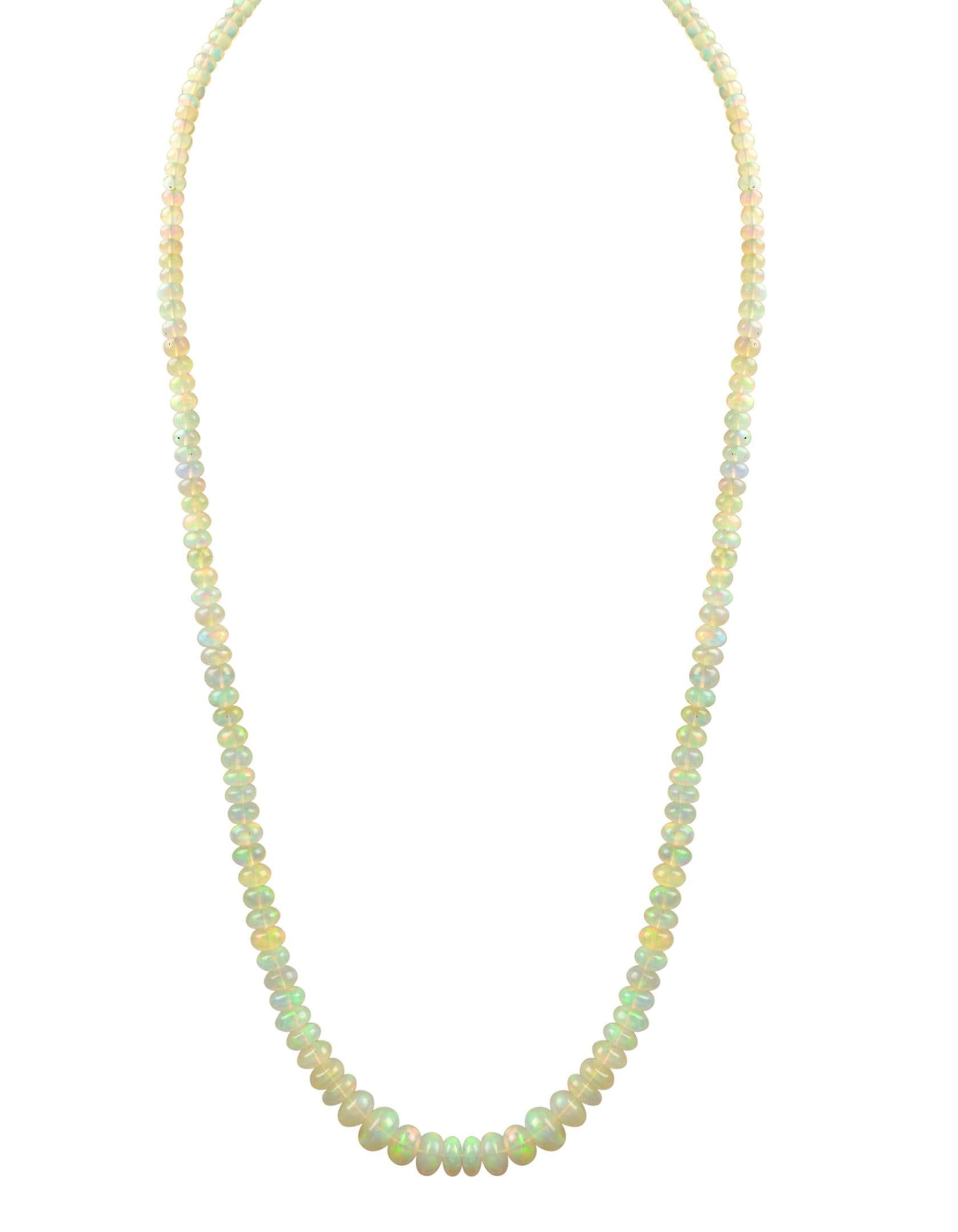  Einreihige Perlenkette mit natürlichem Opal und 14 Karat Karabinerverschluss. Dies sind äthiopische Perlen
20 bis 21 Zoll lang 
1 Schichten aus natürlichem Opal  Perlen
Diese Perlen sind glatt, haben  sehr viel  Lüster und Glanz
Schöne