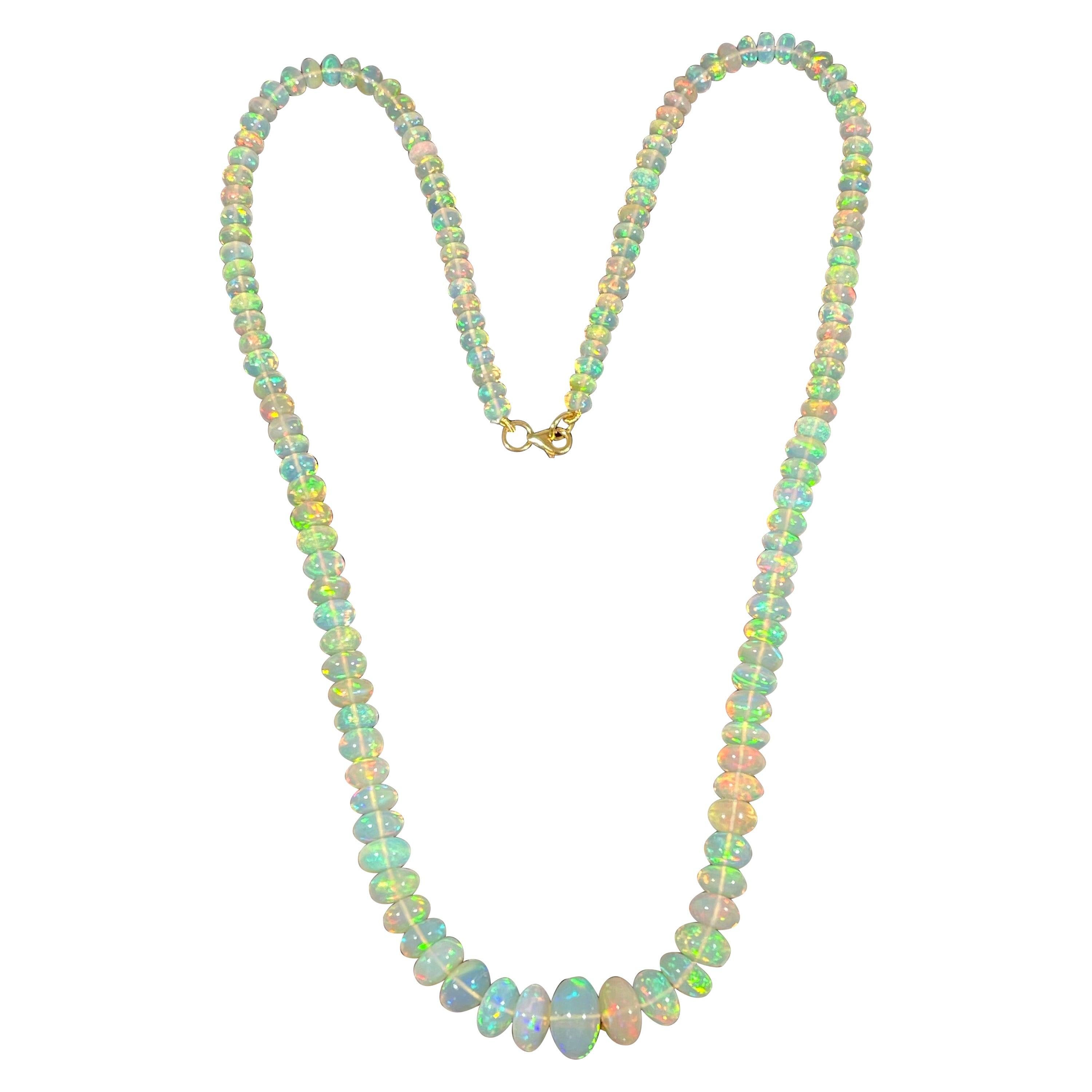 Natural 110 Ct Ethiopian Opal Bead Single Strand Necklace 14 Karat Yellow Gold For Sale