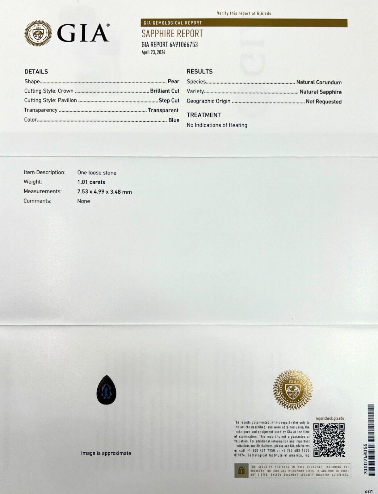Natural 1.10Ct Deep Blue Untreated Sapphire Gia Certified Pear Cut 7.5X4.9mm In New Condition For Sale In Birmingham, GB