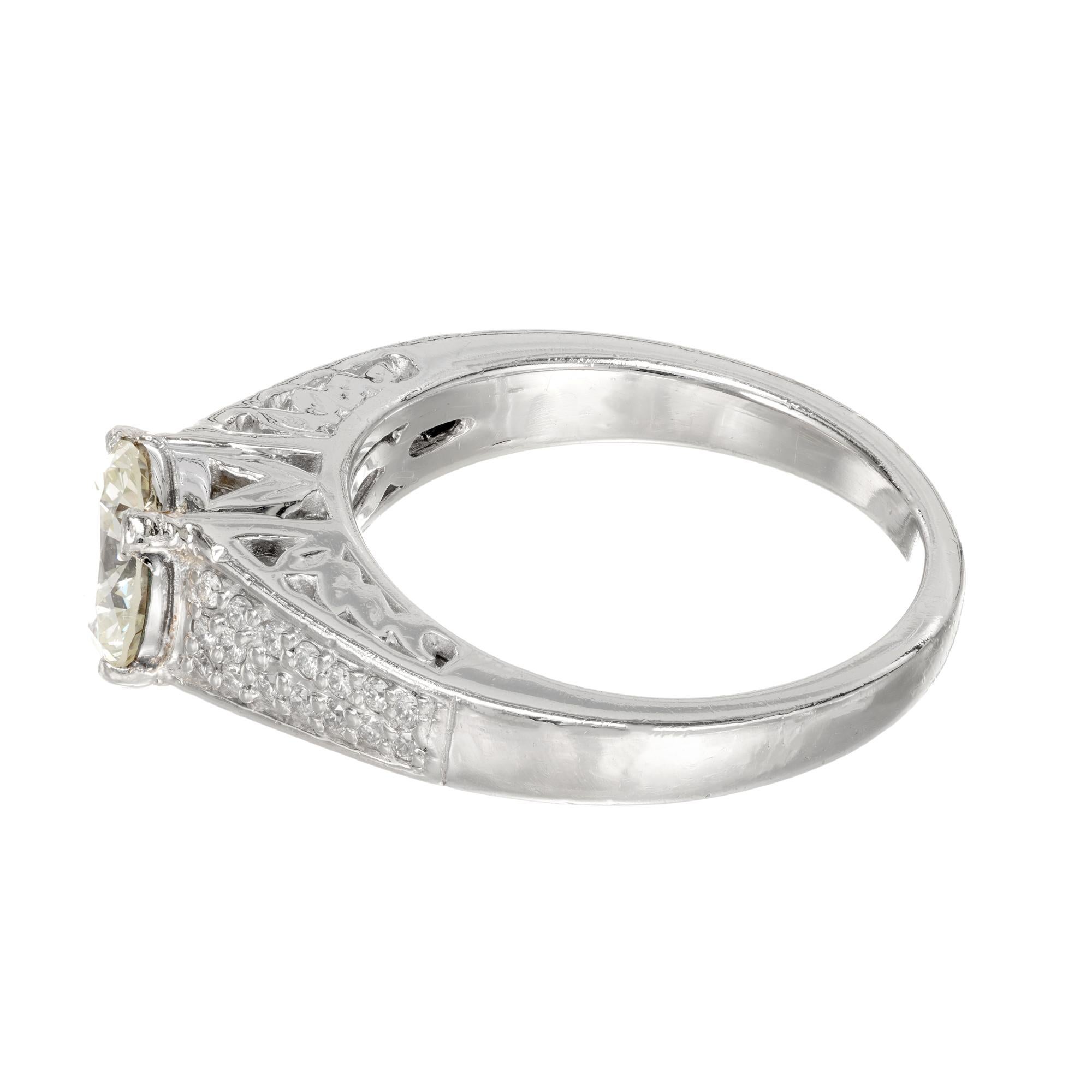 Women's GIA Certified 1.12 Carat Green Yellow Round Diamond Platinum Engagement Ring For Sale