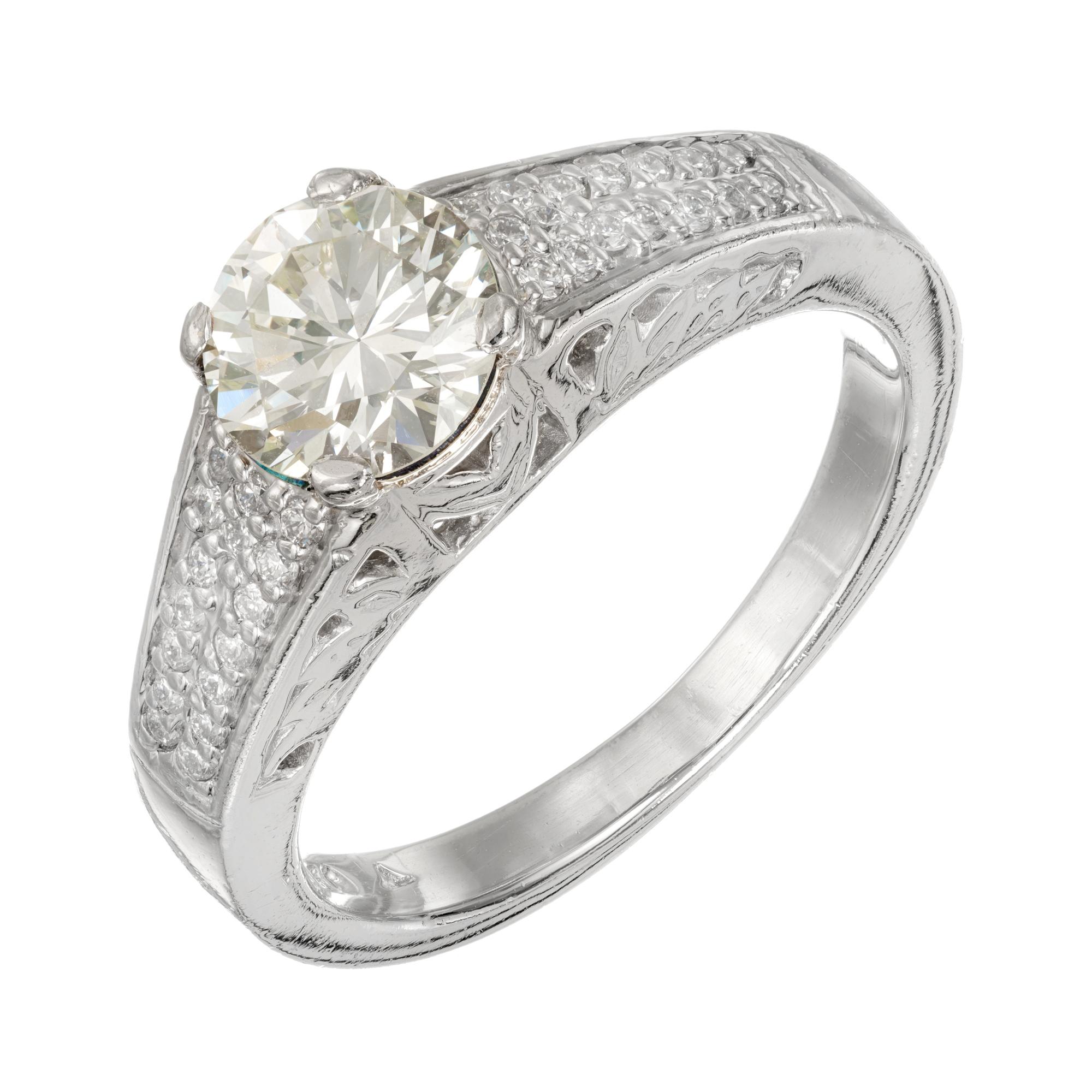 GIA Certified 1.12 Carat Green Yellow Round Diamond Platinum Engagement Ring