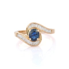 Diamond and Blue Sapphire Cross Shank Ring in 14k Solid Yellow Gold