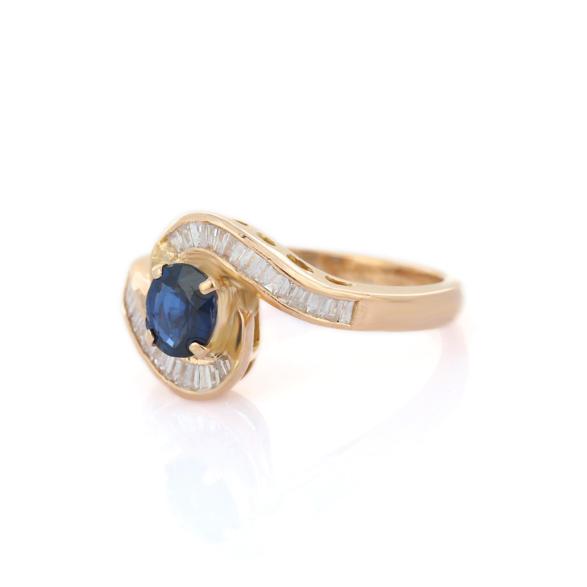 For Sale:  Diamond and Blue Sapphire Cross Shank Ring in 14k Solid Yellow Gold 4