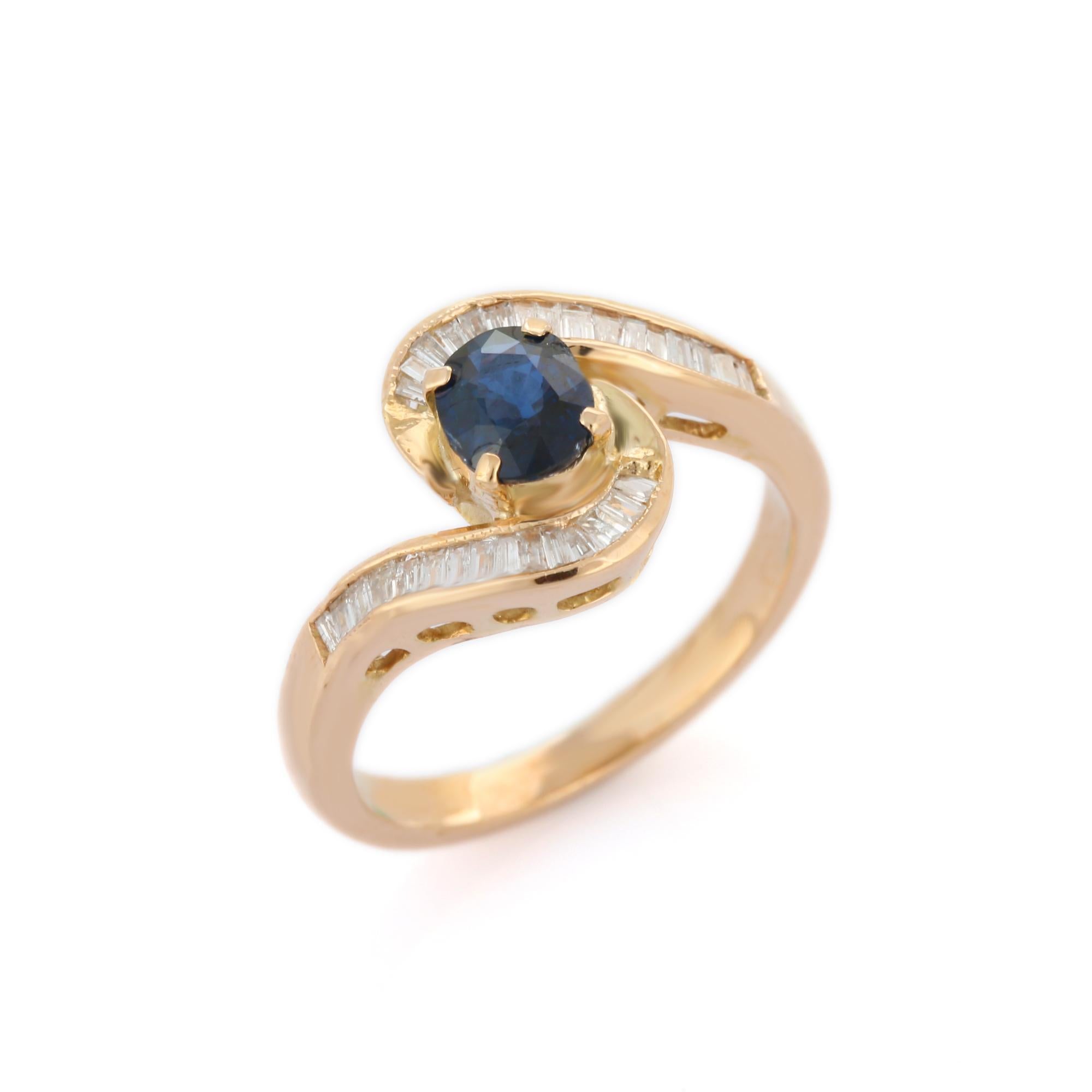 For Sale:  Diamond and Blue Sapphire Cross Shank Ring in 14k Solid Yellow Gold 5