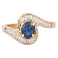 Diamond and Blue Sapphire Cross Shank Ring in 14k Solid Yellow Gold