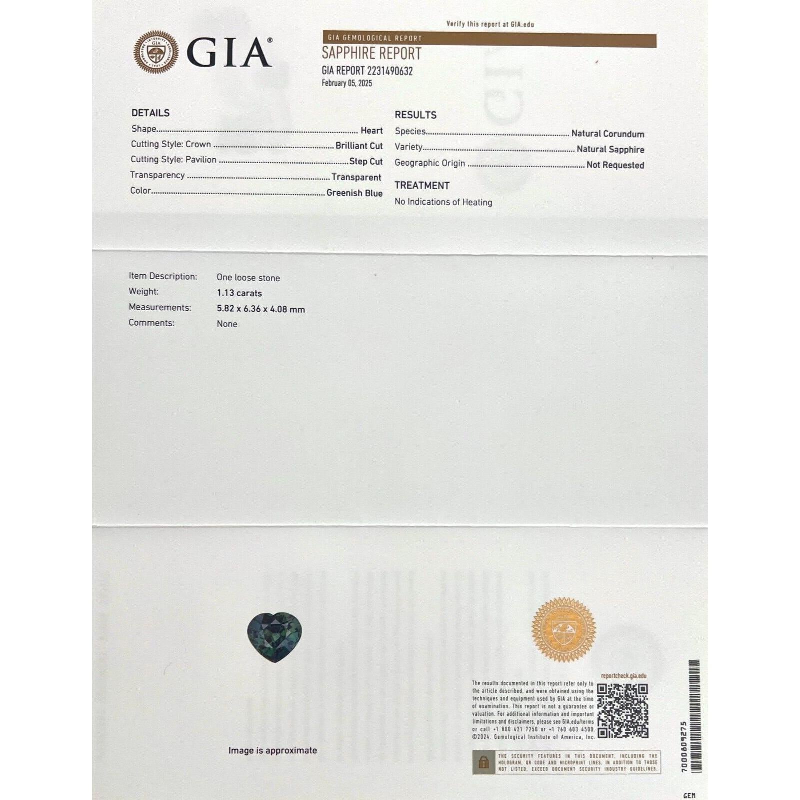 Zafiro natural de 1,13 ct Certificado GIA talla corazón verde azul sin tratar 6,3x5,8 mm

Gema de zafiro talla corazón verde vivo azul no tratada certificada por GIA.
Zafiro azul verde vivo de 1,13 quilates. Totalmente sin tratar y sin calentar, muy