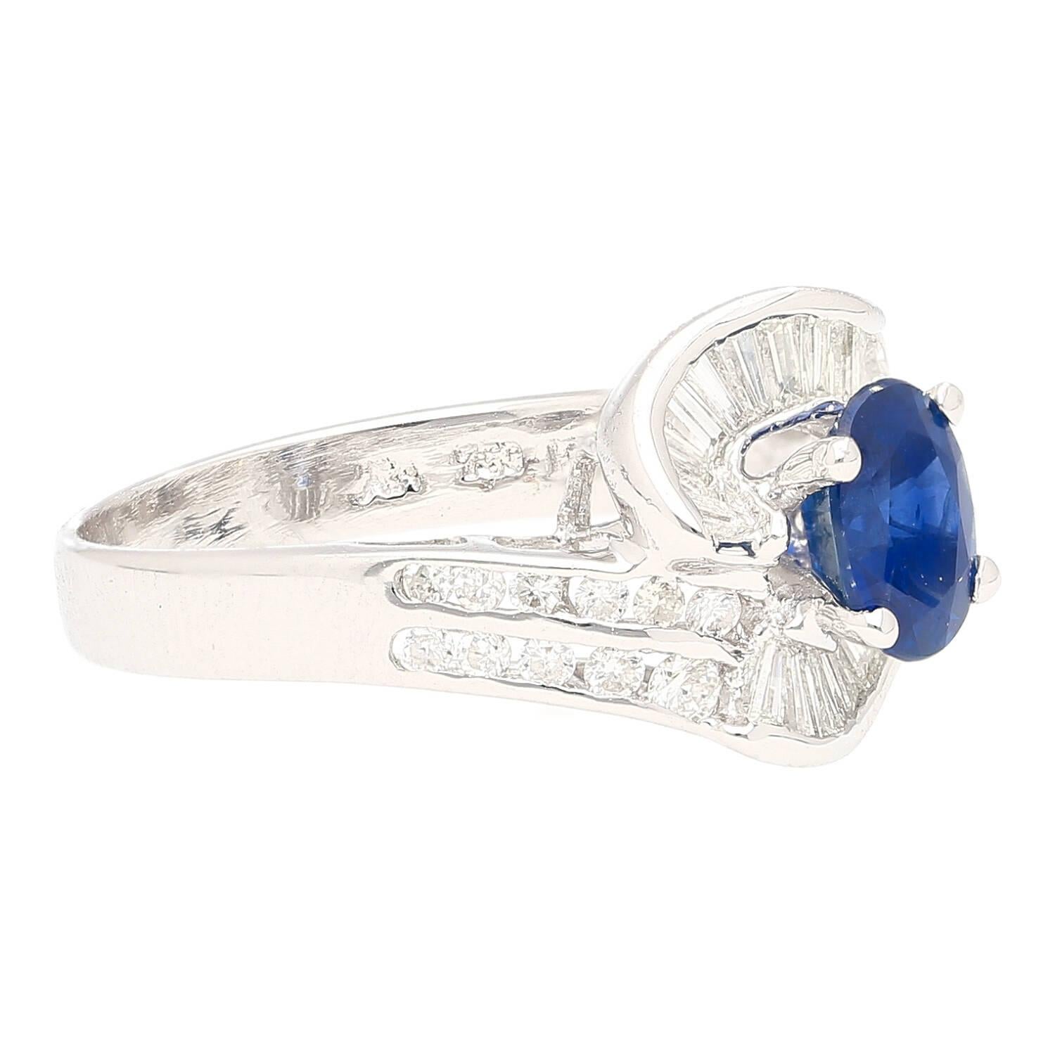 Art Deco Natural 1.14 Carat Blue Sapphire and Diamond Cluster Ring in 18K White Gold  For Sale