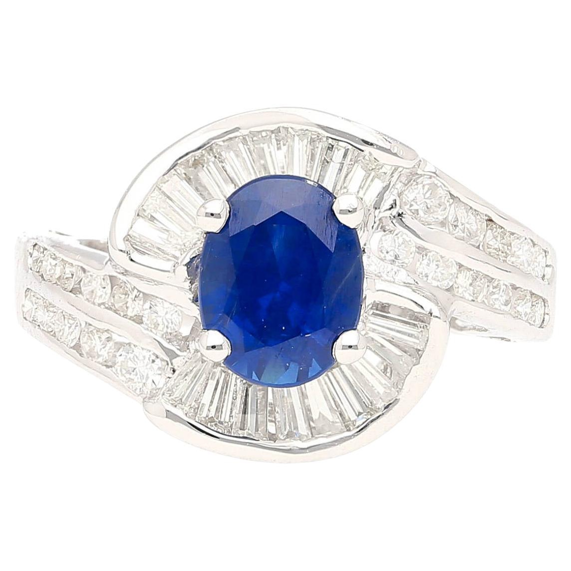 Natural 1.14 Carat Blue Sapphire and Diamond Cluster Ring in 18K White Gold  For Sale