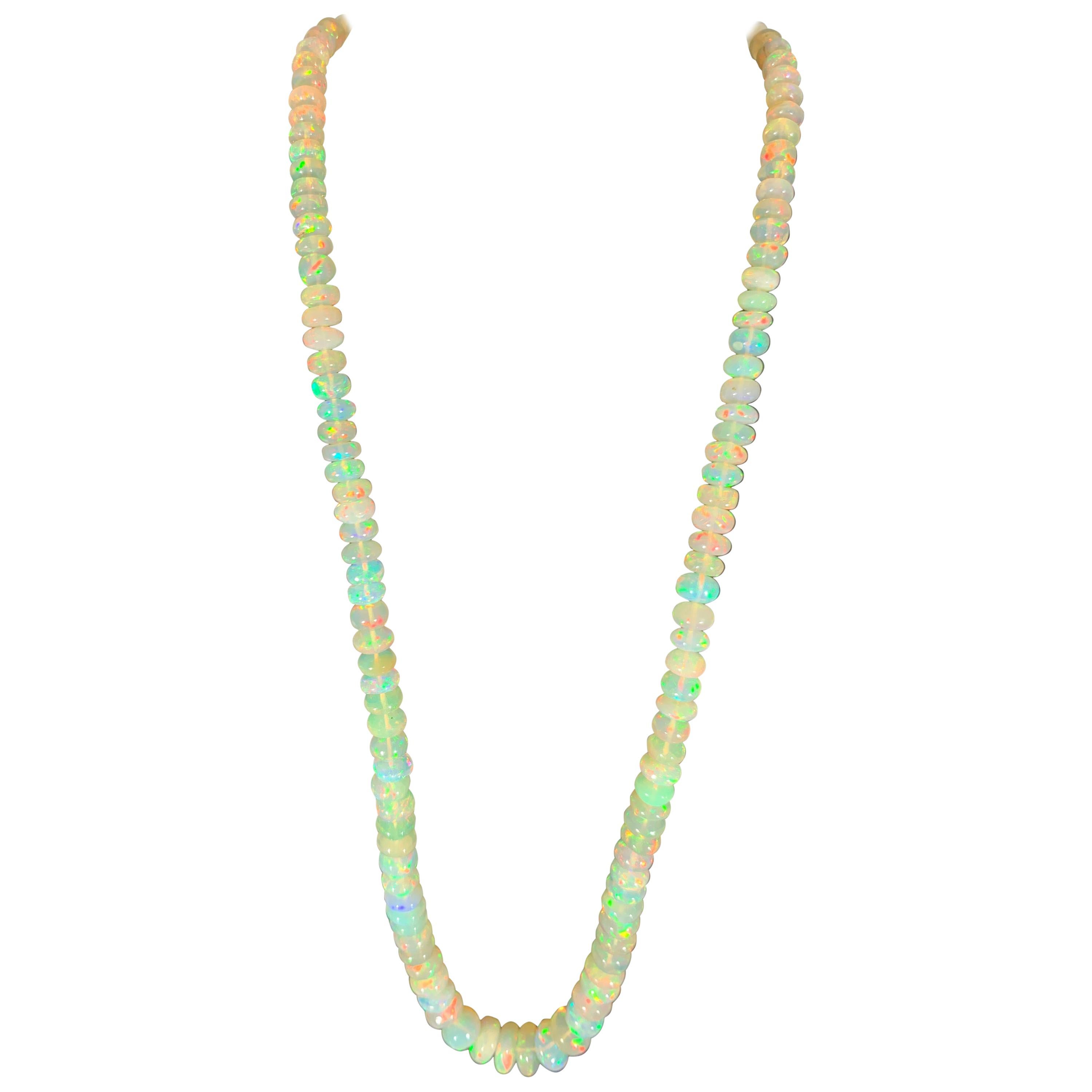 Natural 114 Ct Ethiopian Opal Bead Single Strand Necklace 14 Karat Yellow Gold For Sale