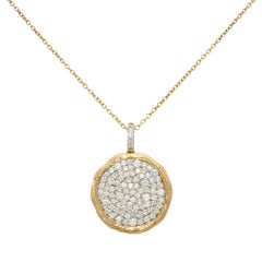 Natural 1.15 Carat Diamond Pave 14-Karat Textured Disc Necklace In Stock