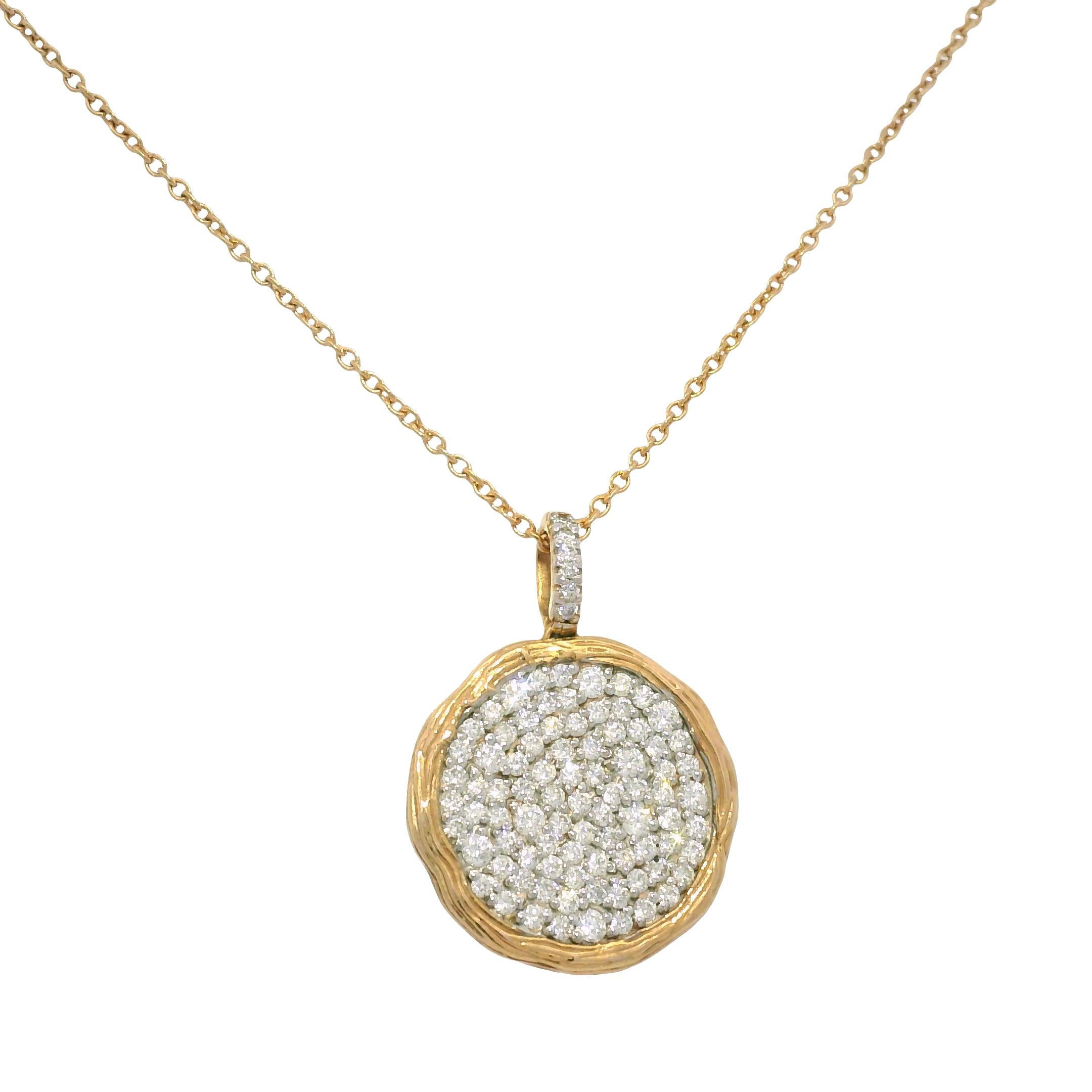 Natürliche 1,15 Karat Diamant Pave 14-Karat Strukturierte Scheibe Halskette Vorrätig (Moderne) im Angebot