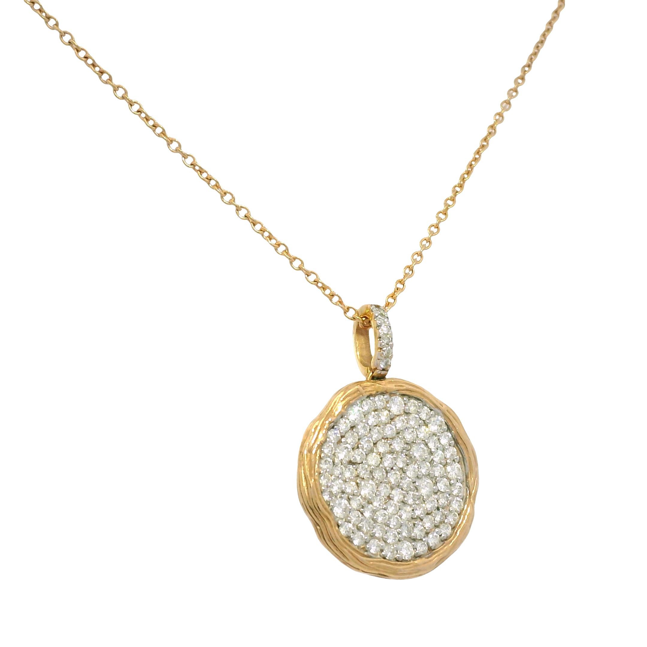 Natürliche 1,15 Karat Diamant Pave 14-Karat Strukturierte Scheibe Halskette Vorrätig (Rundschliff) im Angebot