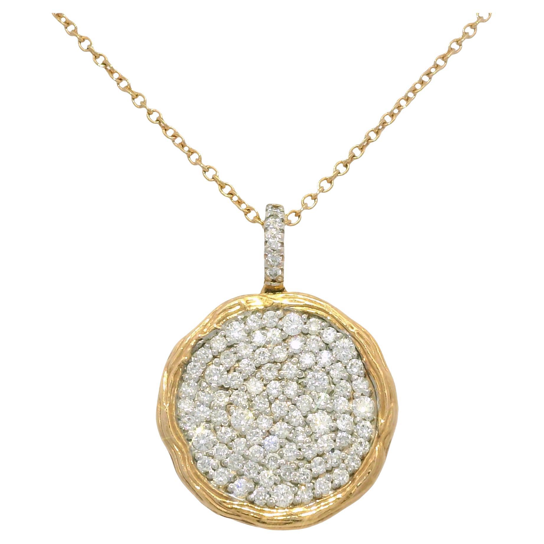 Nature 1,15 Carat Diamond Pave 14-Karat Textured Disc Necklace In Stock