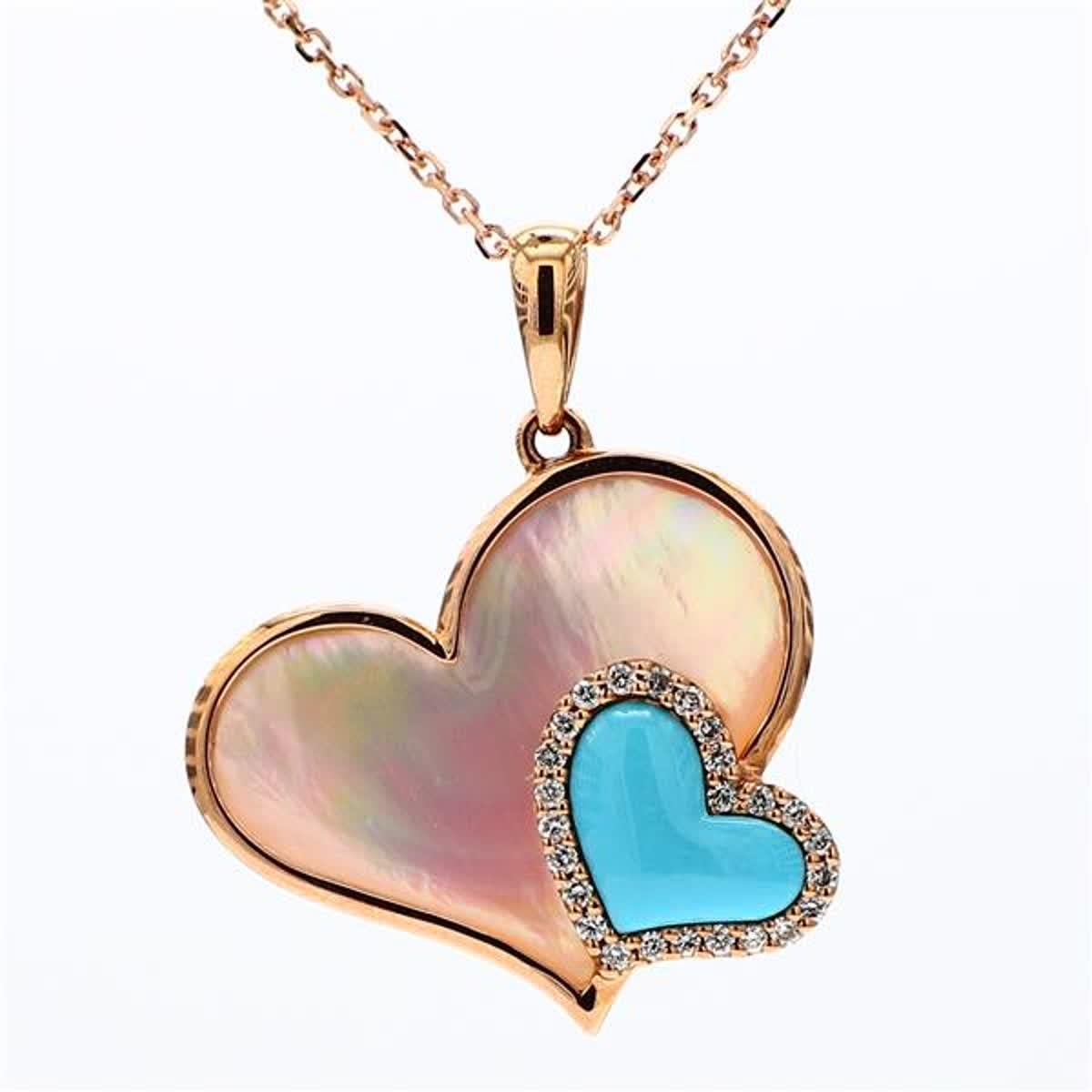 RareGemWorld's classic pink shell and turquoise pendant. Mounted in a beautiful 18K Rose Gold setting with a heart shape natural turquoise and a heart shape natural pink shell. The center pieces are complimented by natural round white diamond melee.