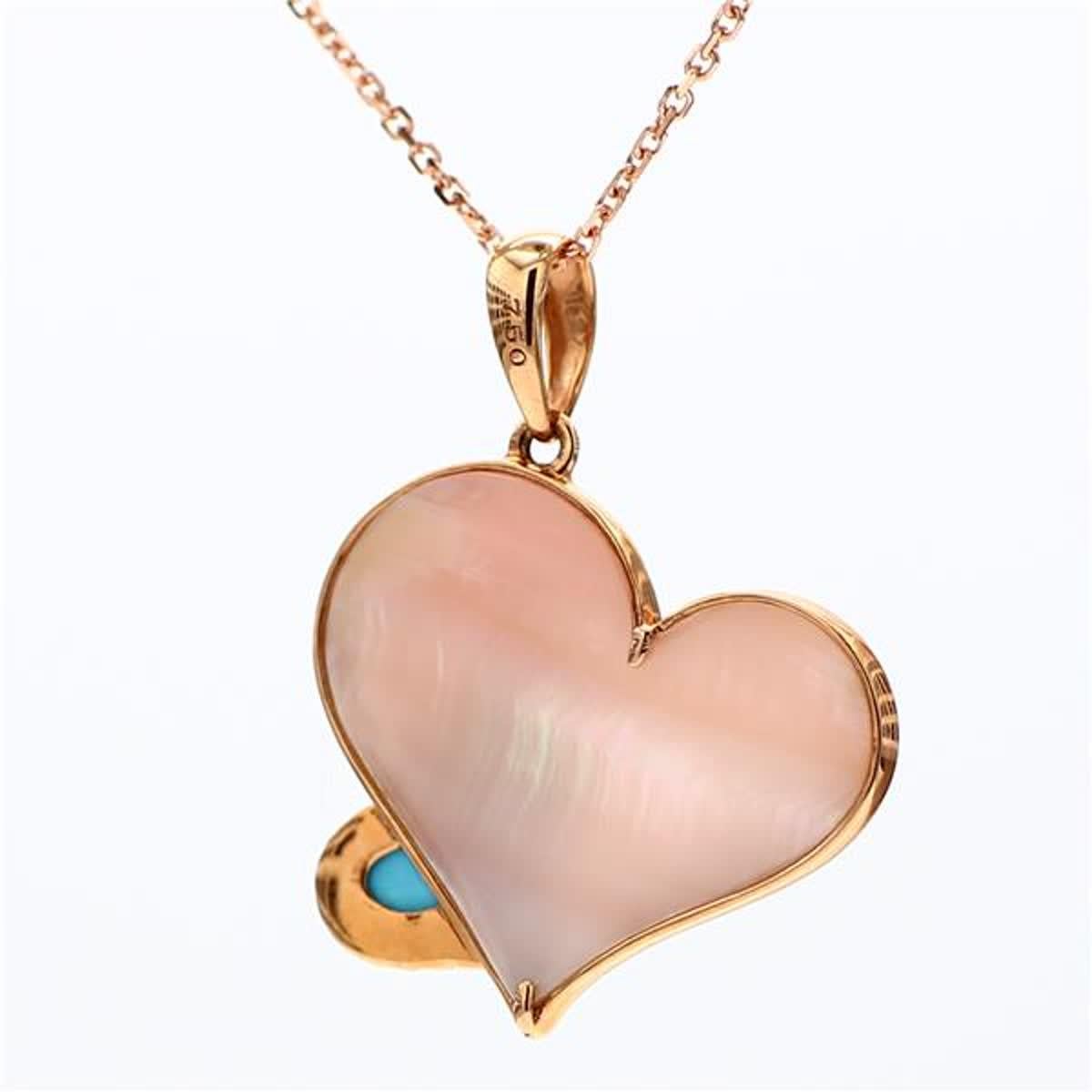 Natural Pink Shell/Turquoise and White Diamond 1.27 Carat TW Rose Gold Pendant In New Condition For Sale In New York, NY