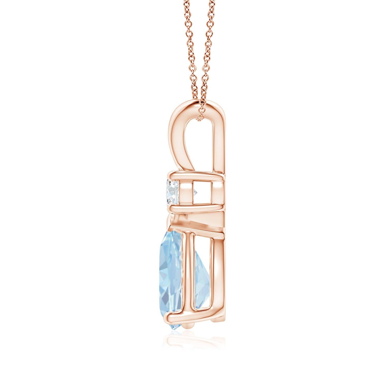 This classic solitaire pendant features a pear-shaped aquamarine secured in a prong setting. A radiant diamond sits atop the pastel blue gemstone adding to the design's sparkle. Crafted in 14k rose gold, this polished v-bale pendant is sure to draw