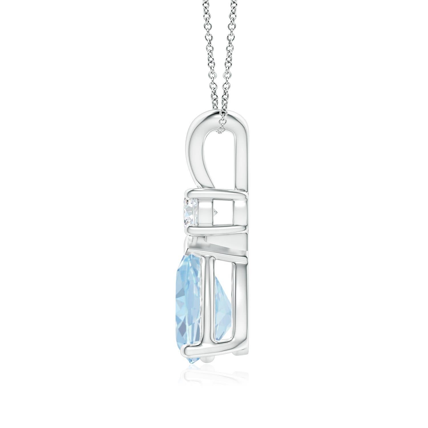 This classic solitaire pendant features a pear-shaped aquamarine secured in a prong setting. A radiant diamond sits atop the pastel blue gemstone adding to the design's sparkle. Crafted in 14k white gold, this polished v-bale pendant is sure to draw