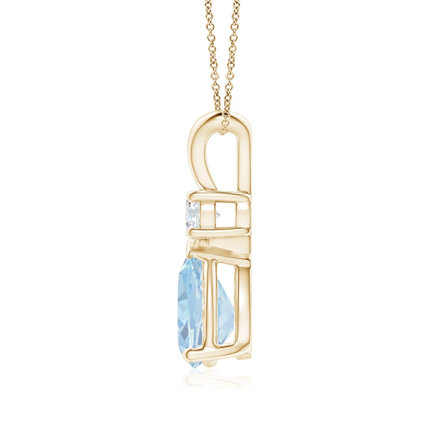 This classic solitaire pendant features a pear-shaped aquamarine secured in a prong setting. A radiant diamond sits atop the pastel blue gemstone adding to the design's sparkle. Crafted in 14k yellow gold, this polished v-bale pendant is sure to