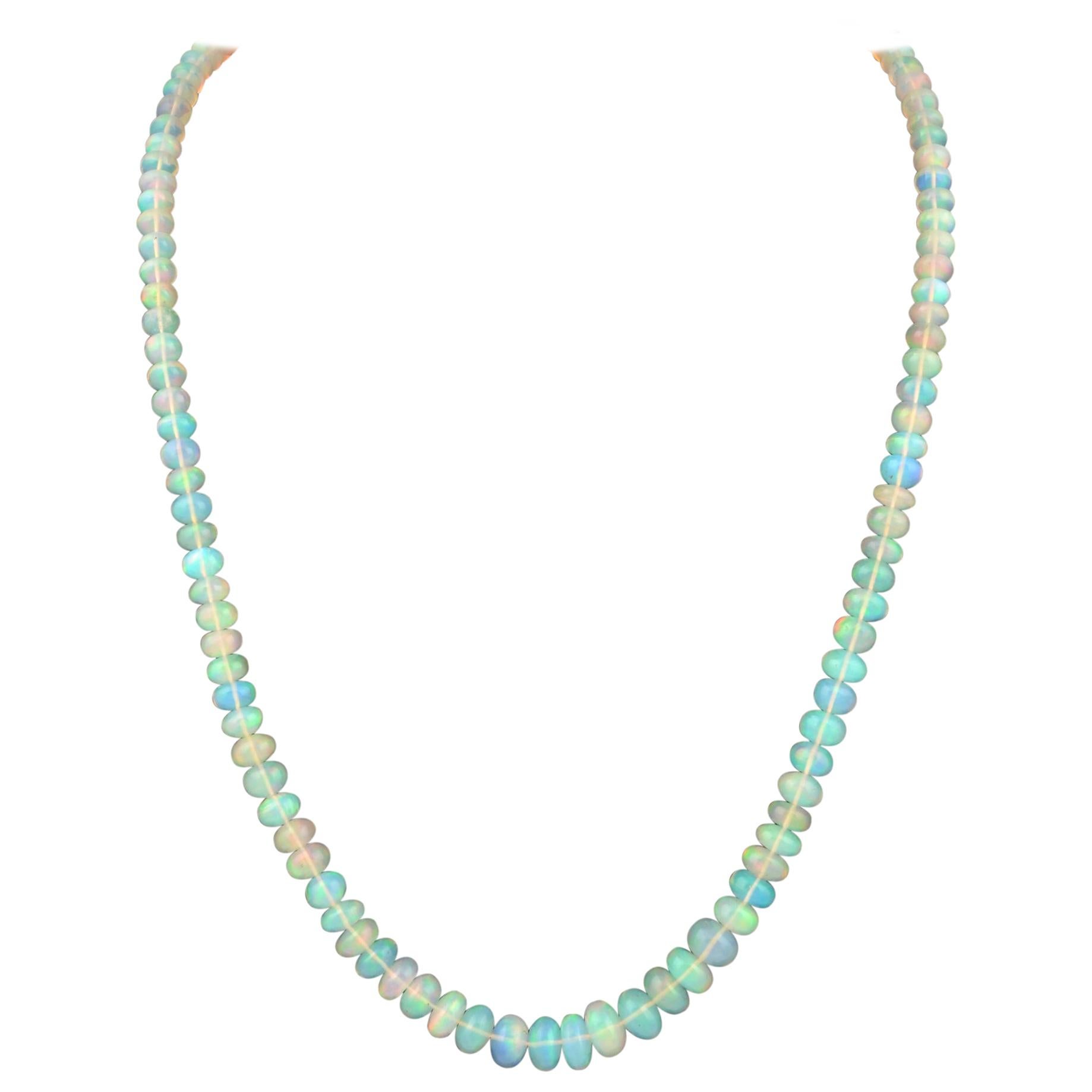 Natural 115 Ct Ethiopian Opal Bead Single Strand Necklace 14 Karat Yellow Gold For Sale