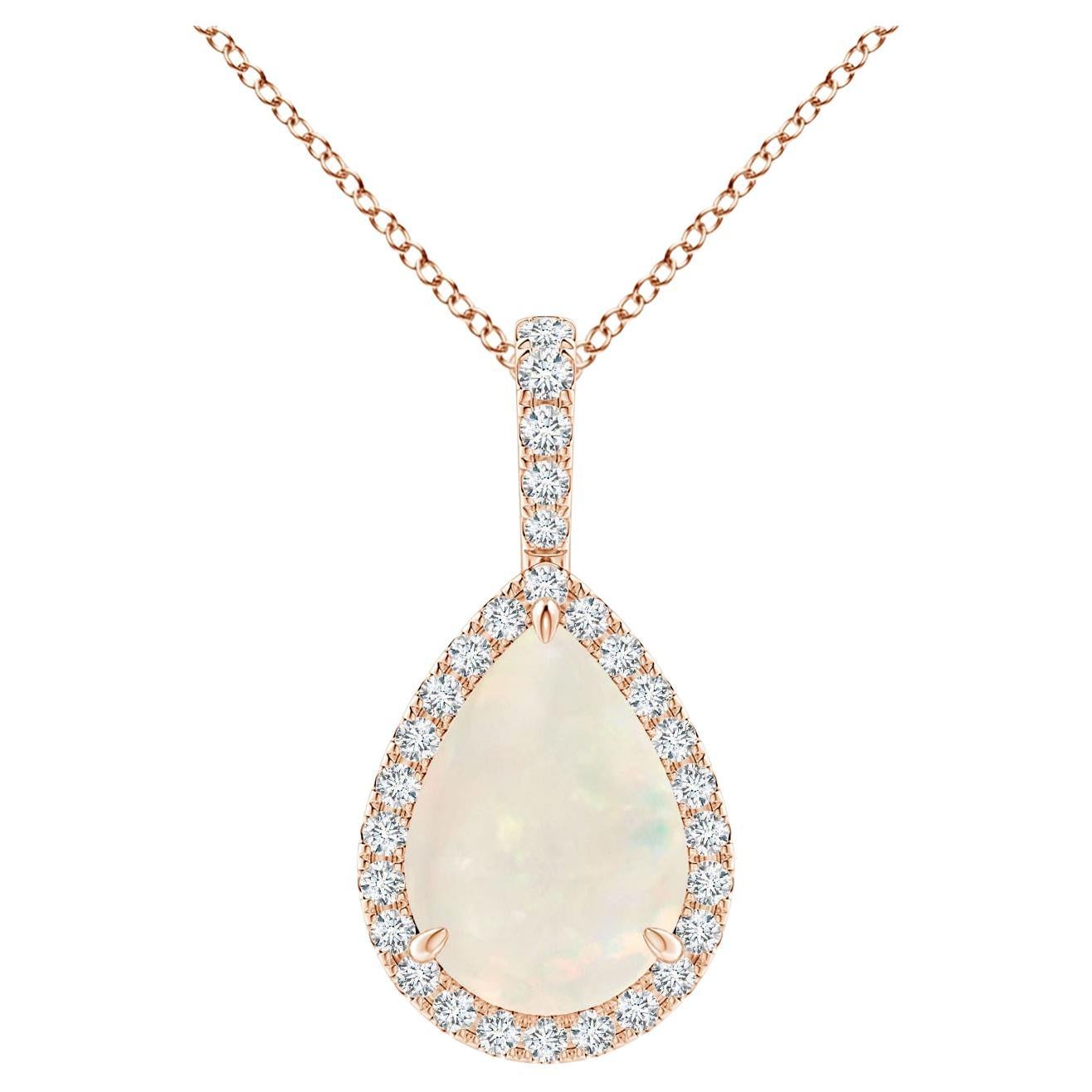Natural 1.15 ct Opal Teardrop Pendant with Diamond Halo in 18K Rose Gold